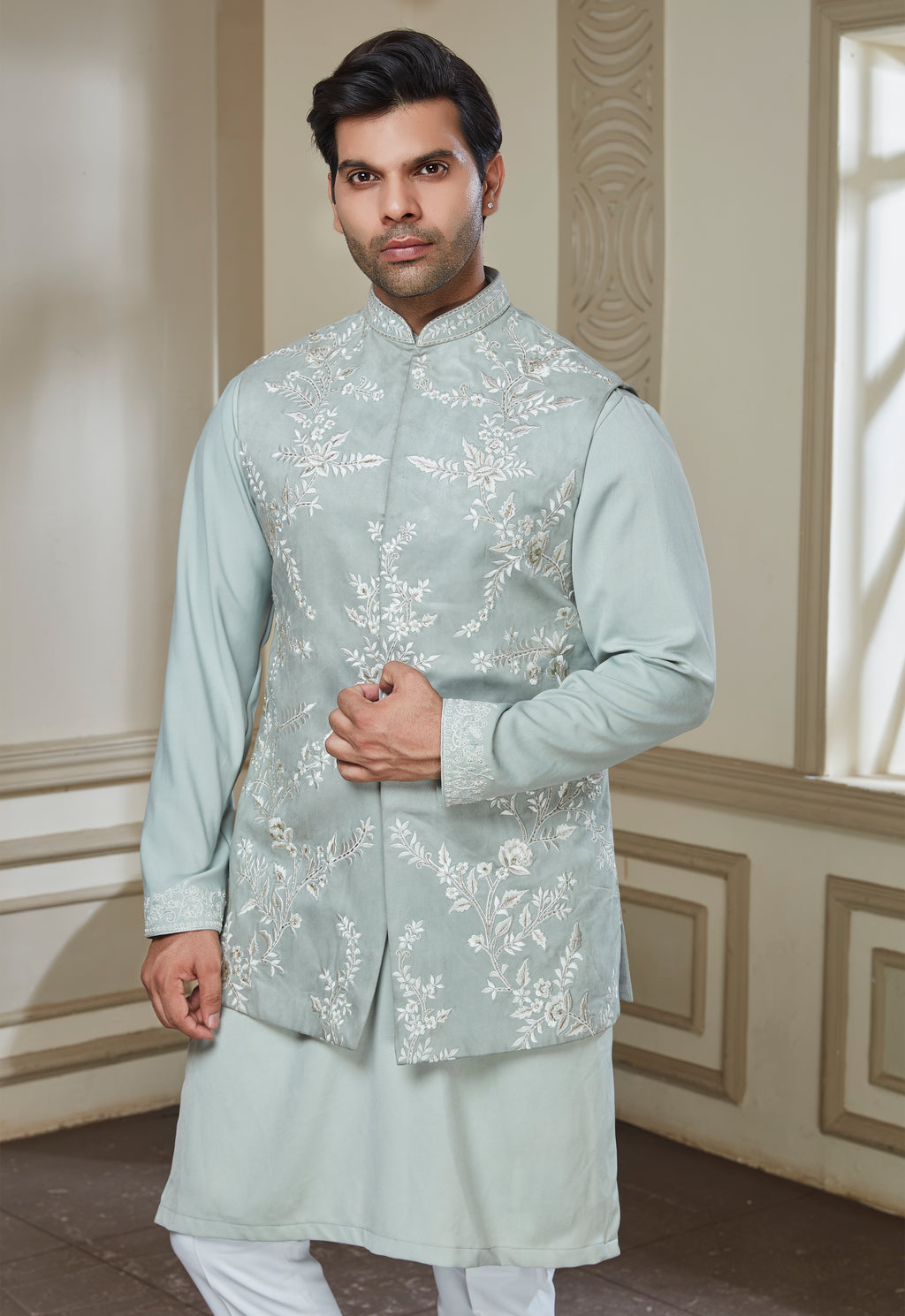 Sage Green Polyester Bandi Kurta Set