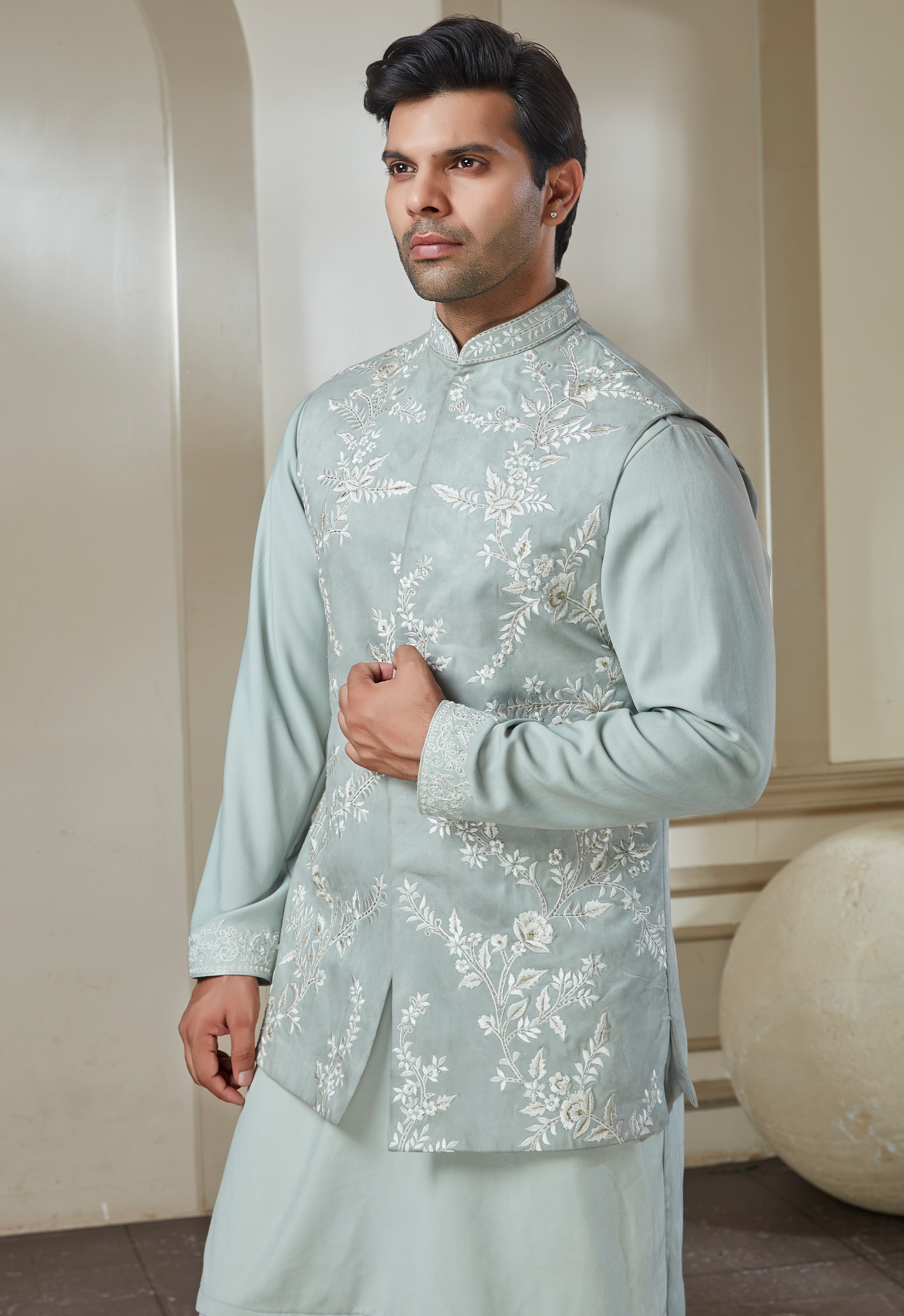 Sage Green Polyester Bandi Kurta Set