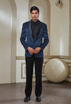 Blue Satin Embroidered Tuxedo Set