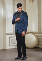 Blue Satin Embroidered Tuxedo Set