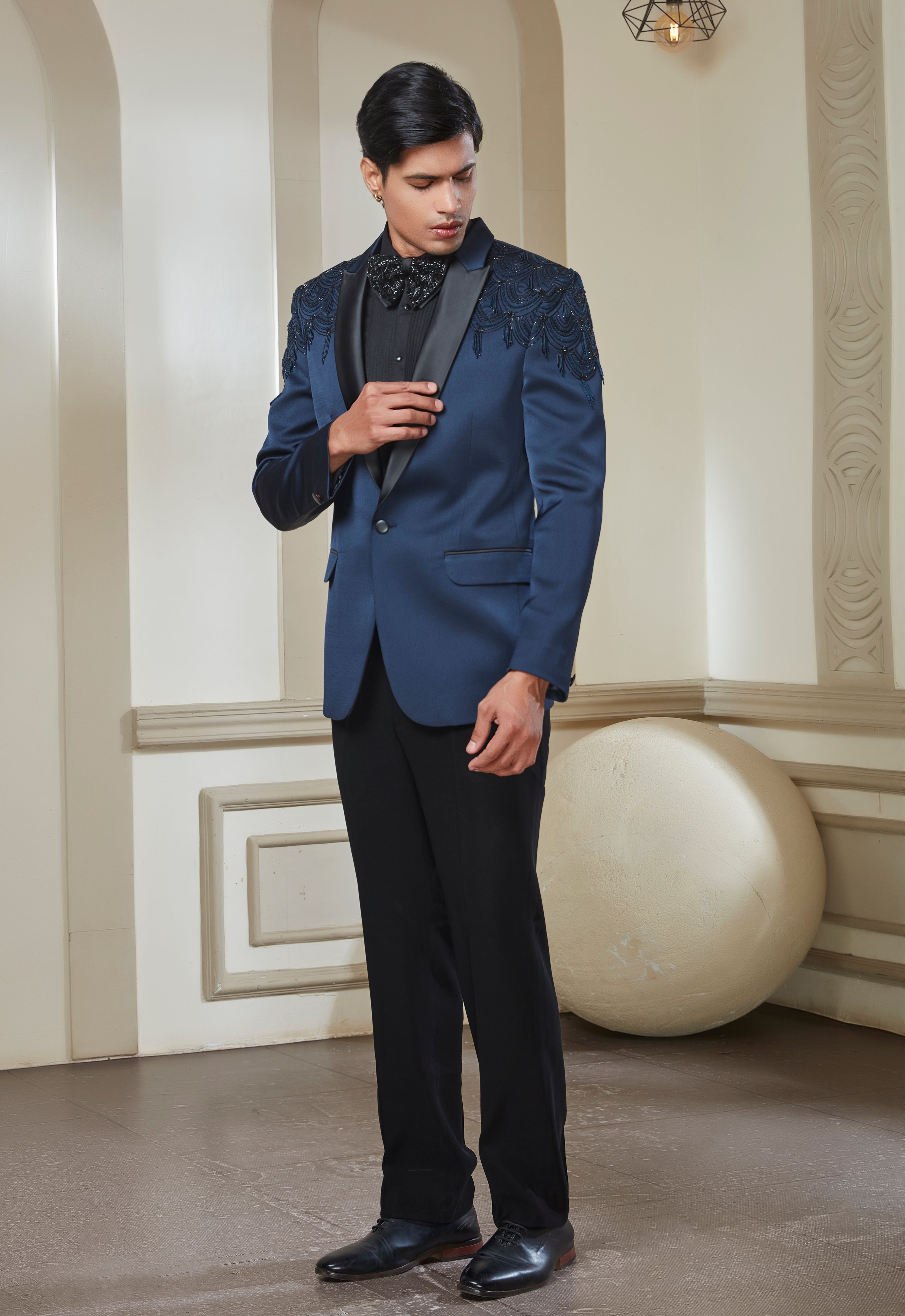 Blue Satin Embroidered Tuxedo Set