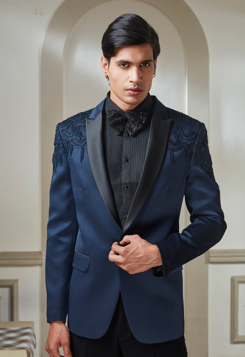 Blue Satin Embroidered Tuxedo Set