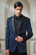 Blue Satin Embroidered Tuxedo Set