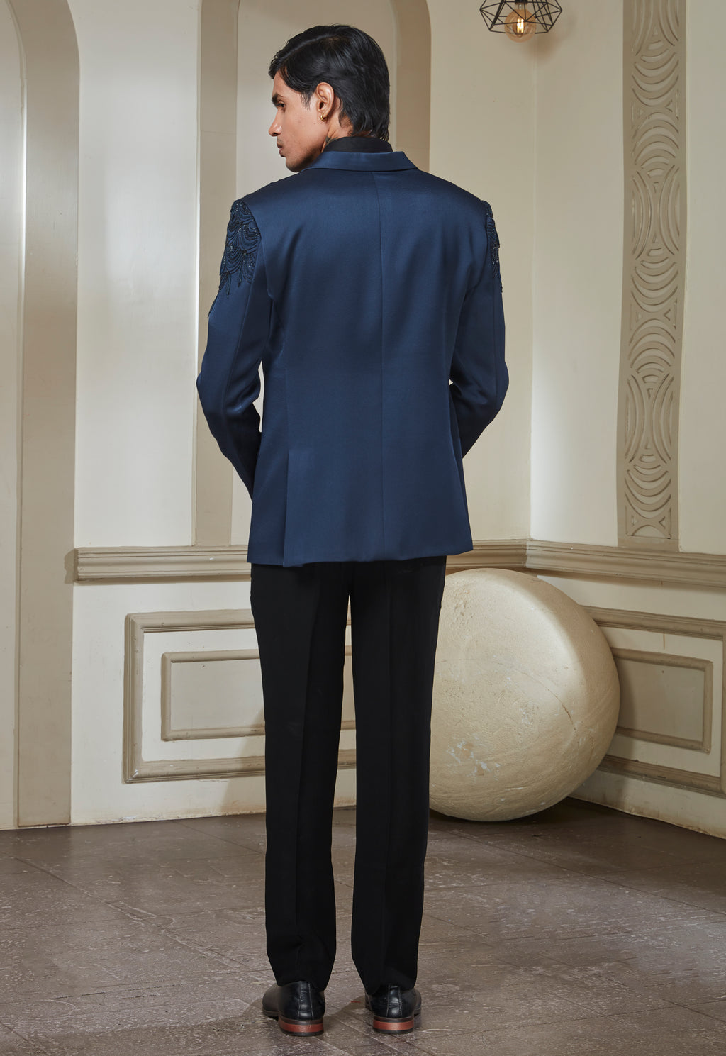 Blue Satin Embroidered Tuxedo Set