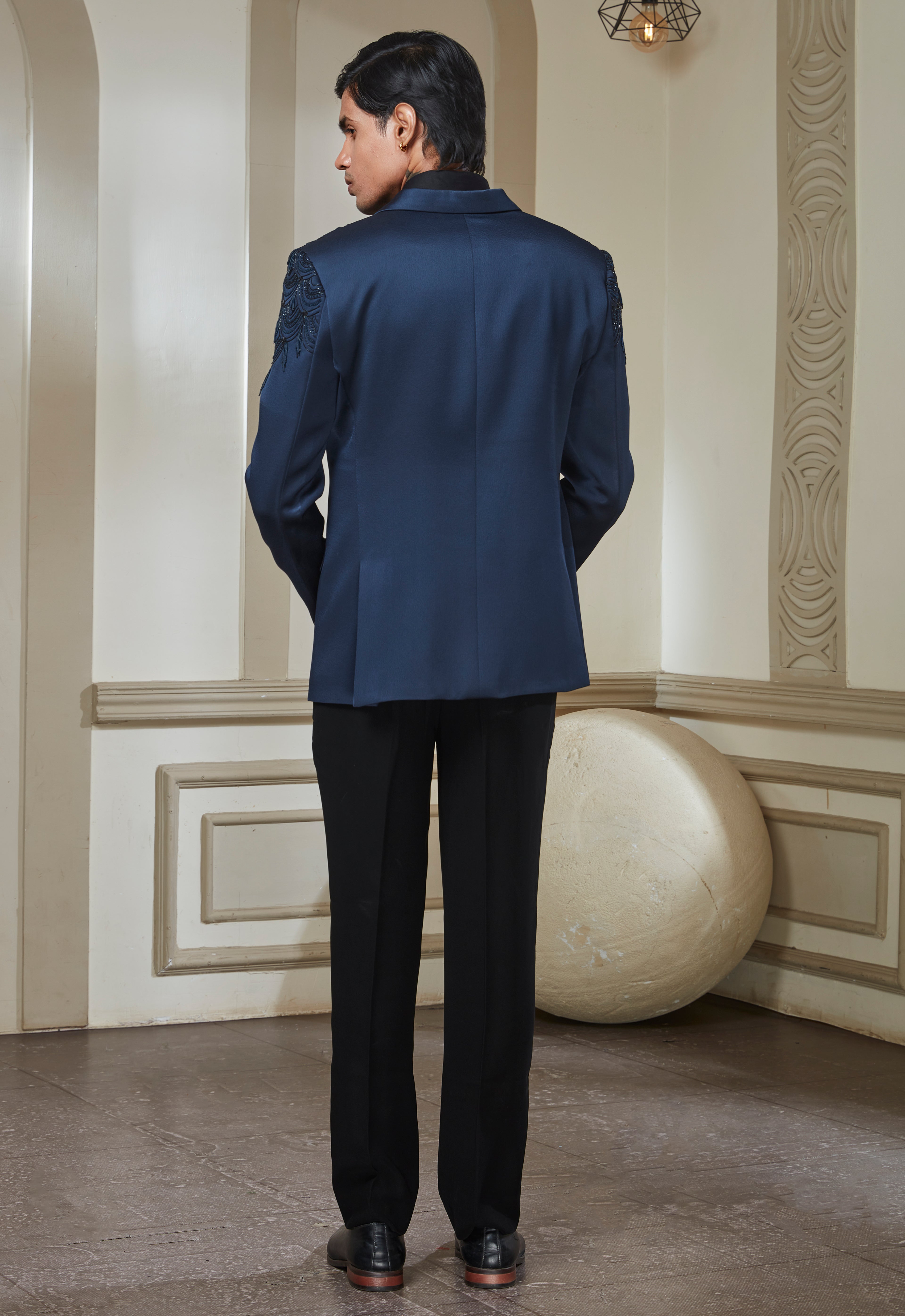 Blue Satin Embroidered Tuxedo Set