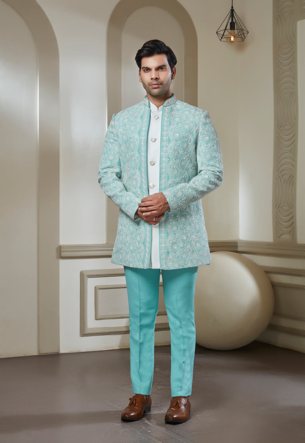 Sky Blue Polyester Embroidered Indowestern Set
