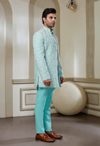Sky Blue Polyester Embroidered Indowestern Set