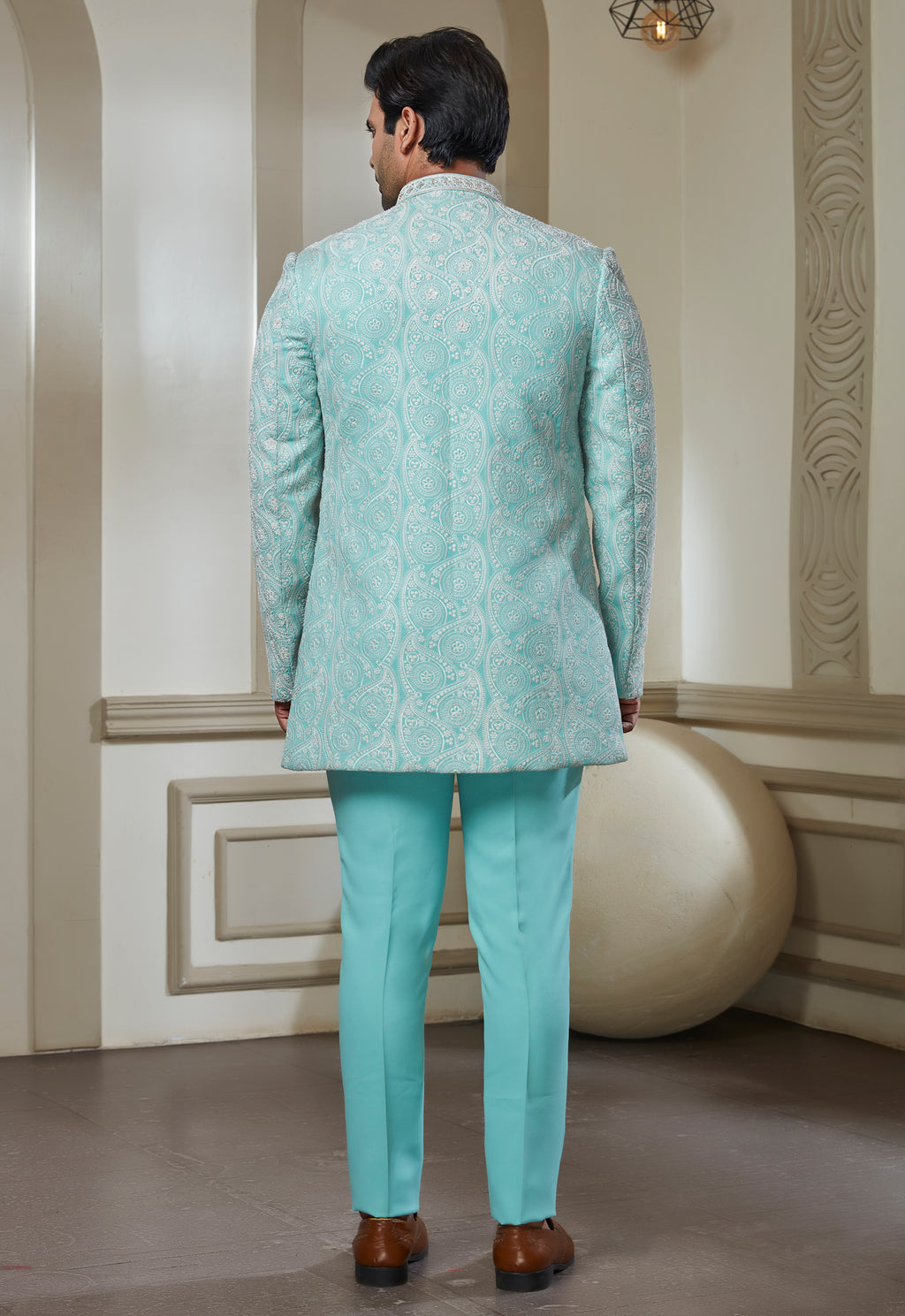 Sky Blue Polyester Embroidered Indowestern Set