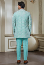 Sky Blue Polyester Embroidered Indowestern Set