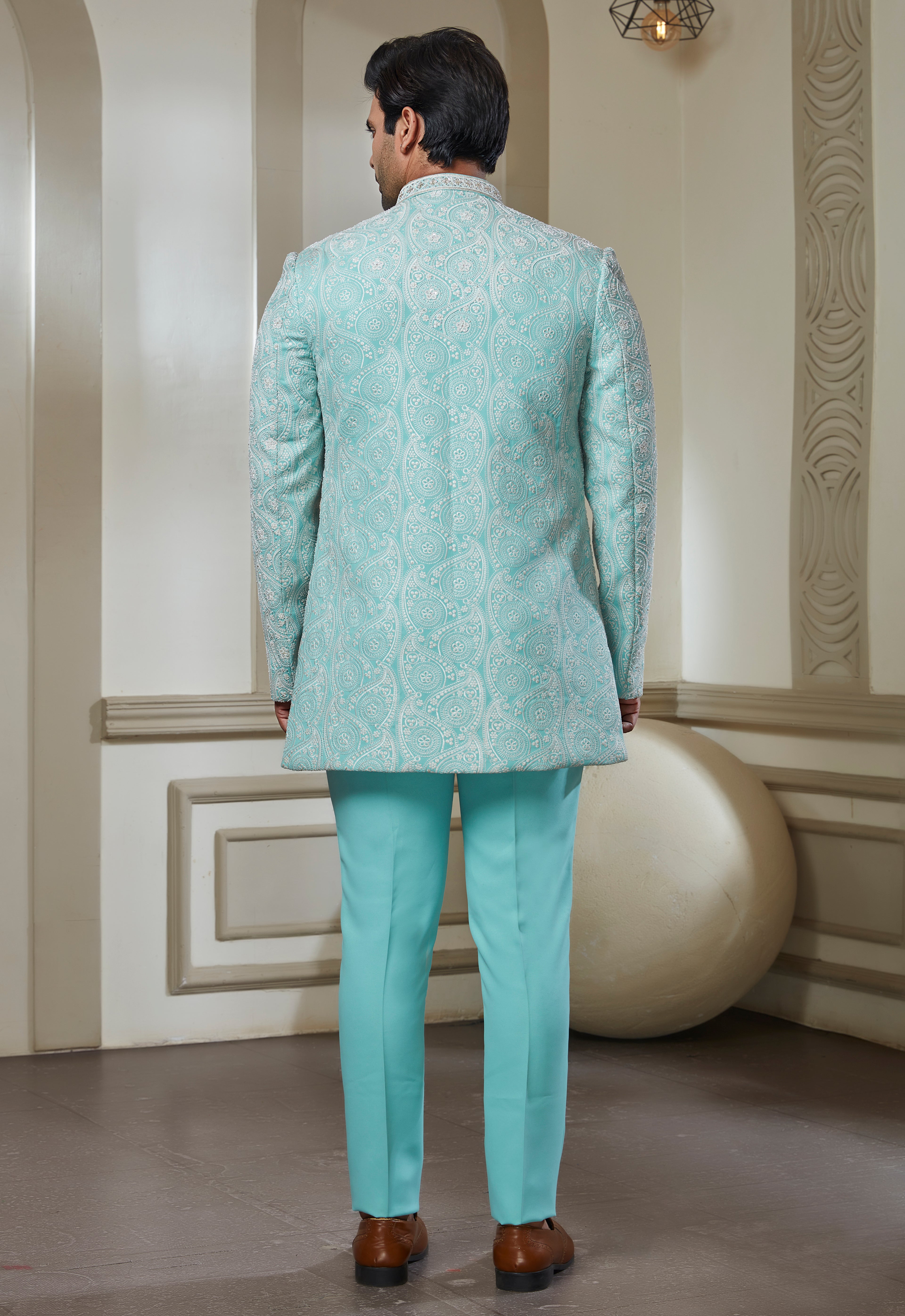 Sky Blue Polyester Embroidered Indowestern Set