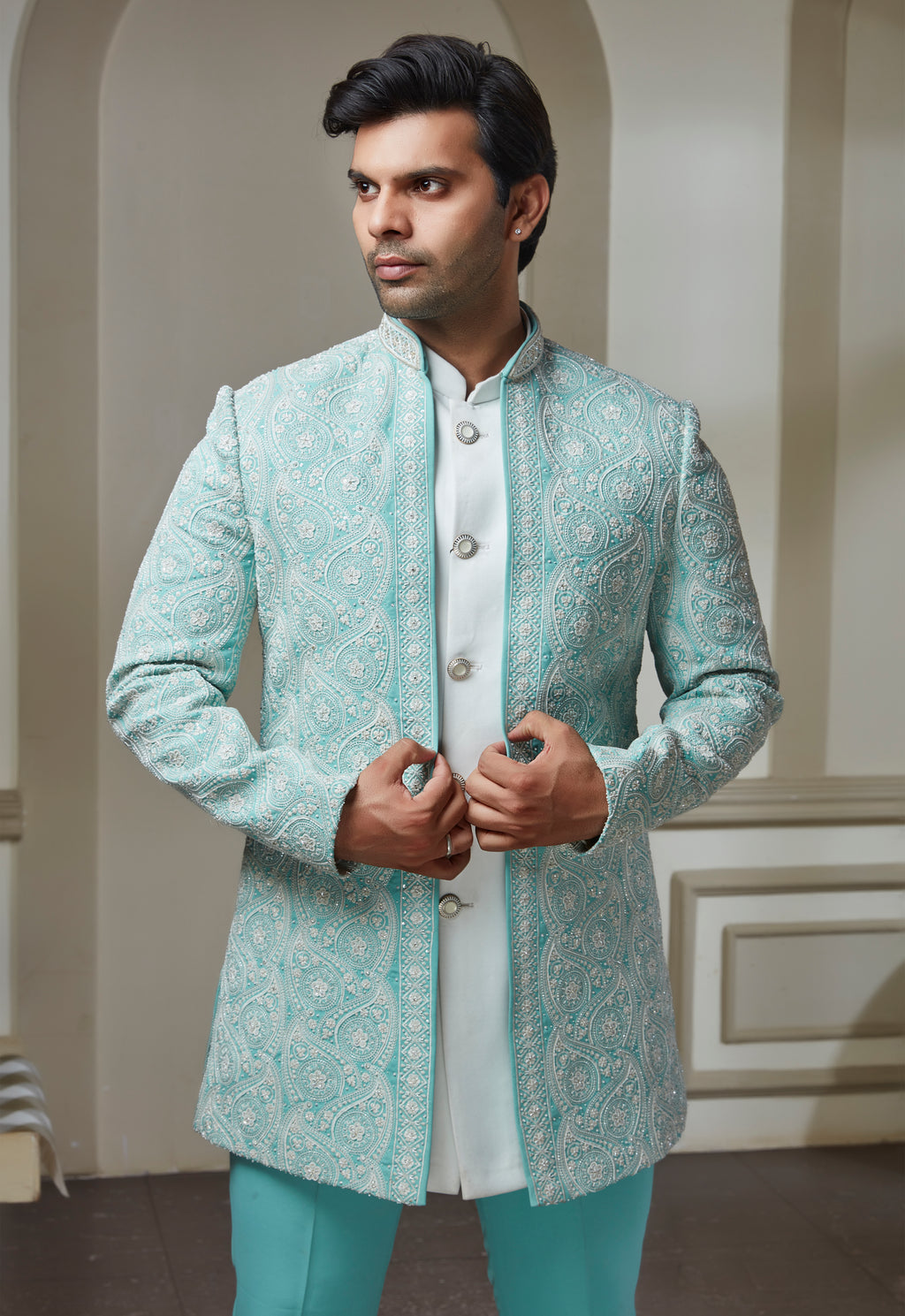 Sky Blue Polyester Embroidered Indowestern Set