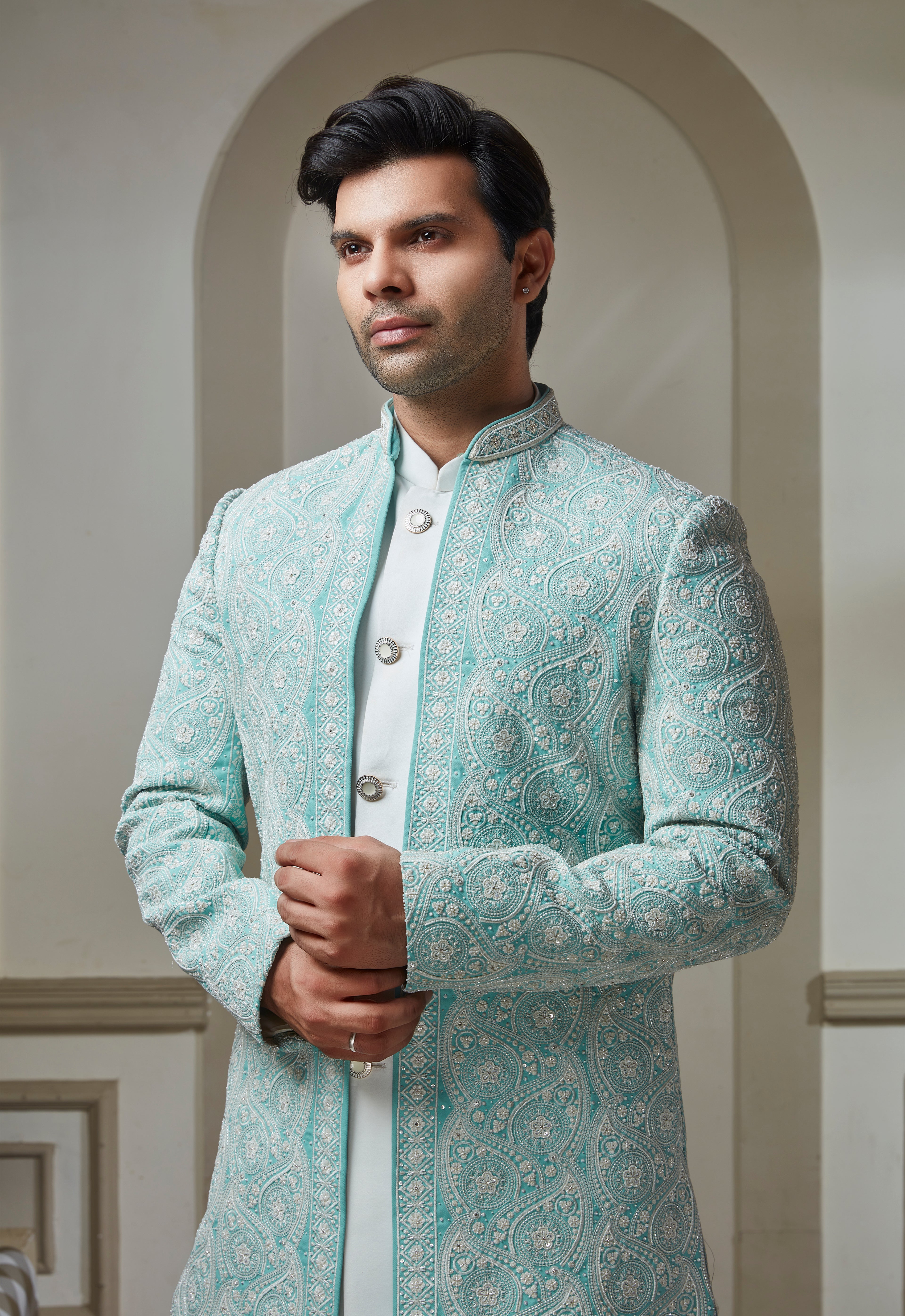 Sky Blue Polyester Embroidered Indowestern Set