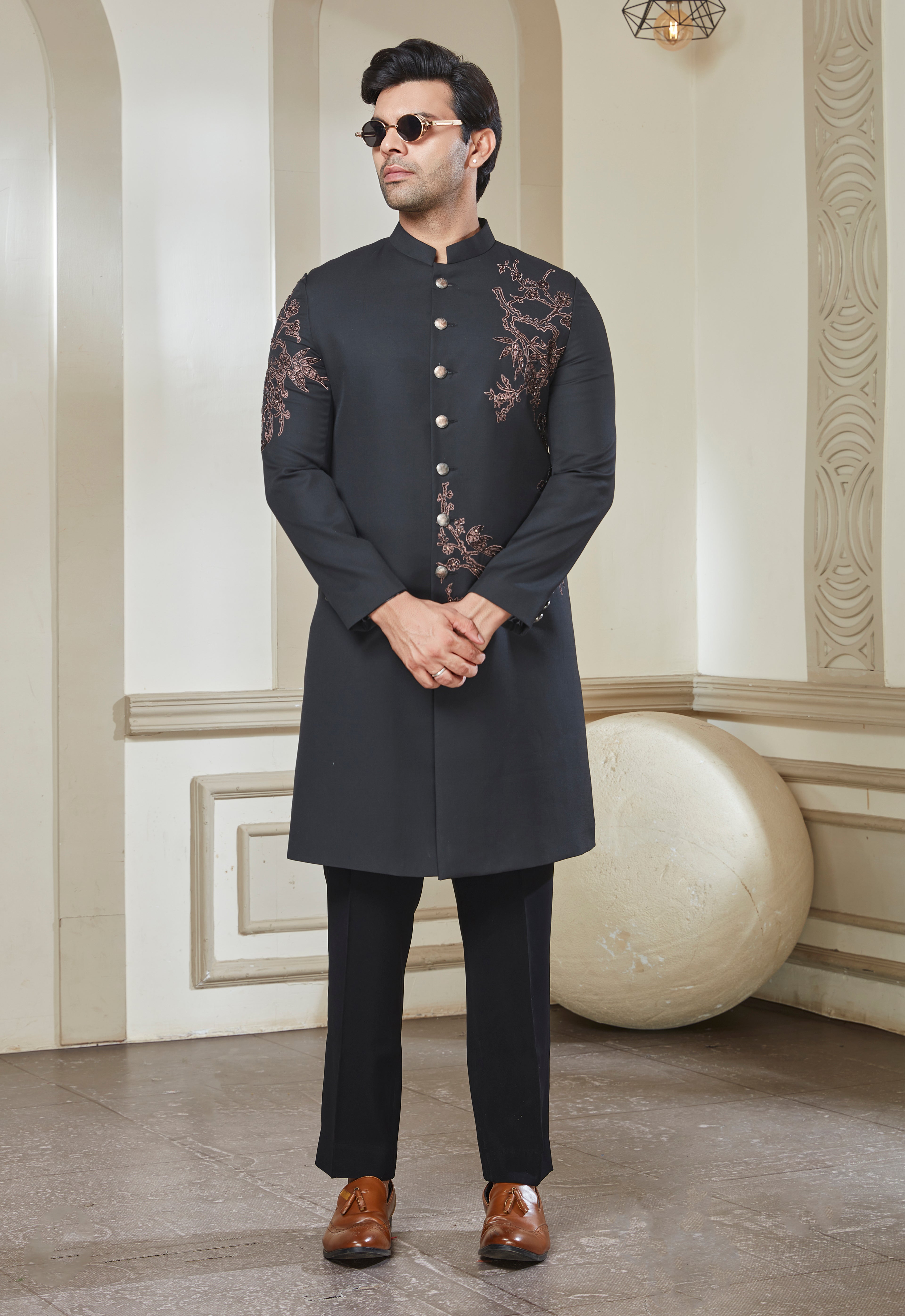 Black Polyester Embroidered Long Jodhpuri