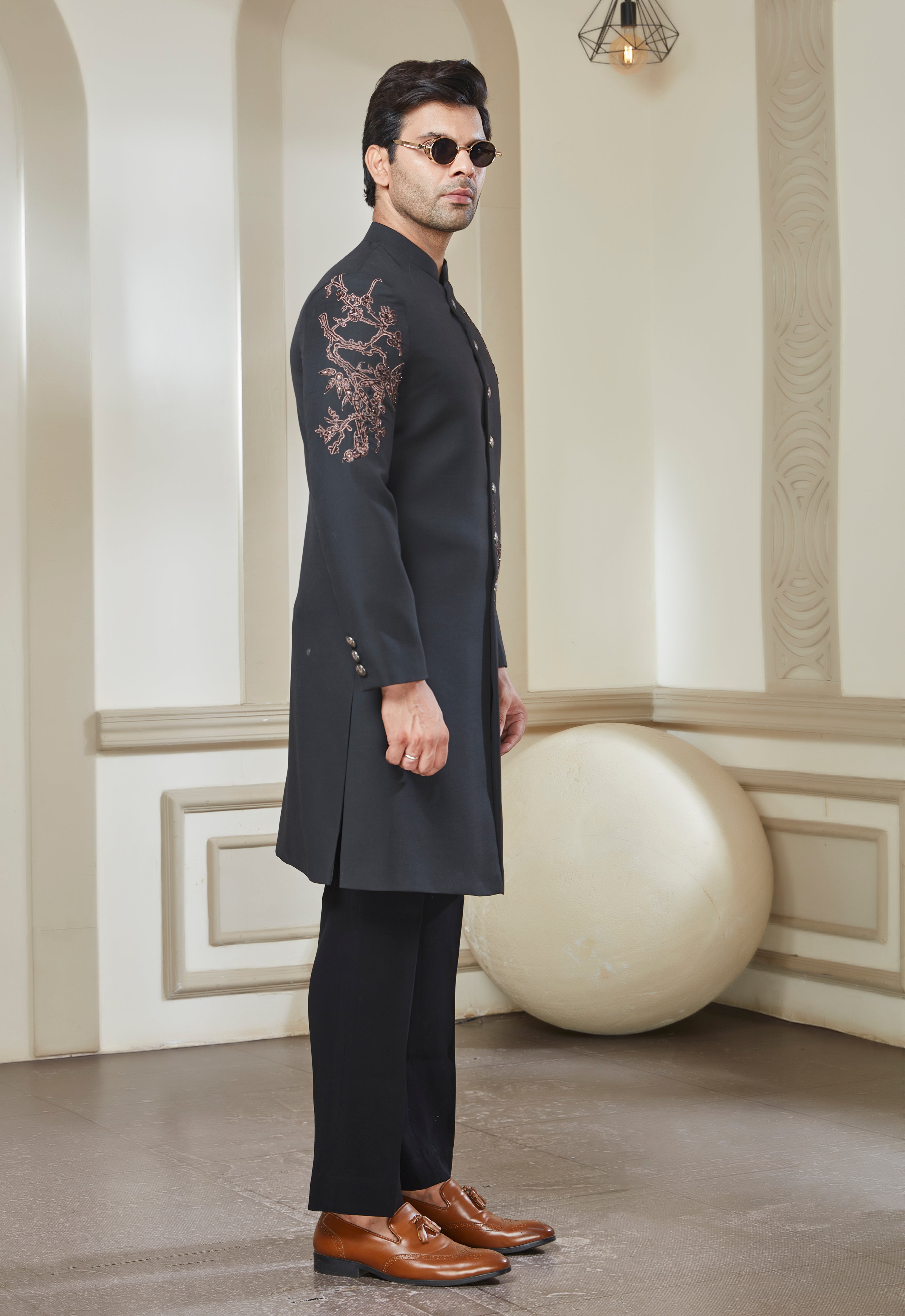 Black Polyester Embroidered Long Jodhpuri
