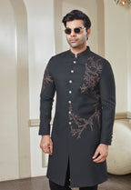 Black Polyester Embroidered Long Jodhpuri