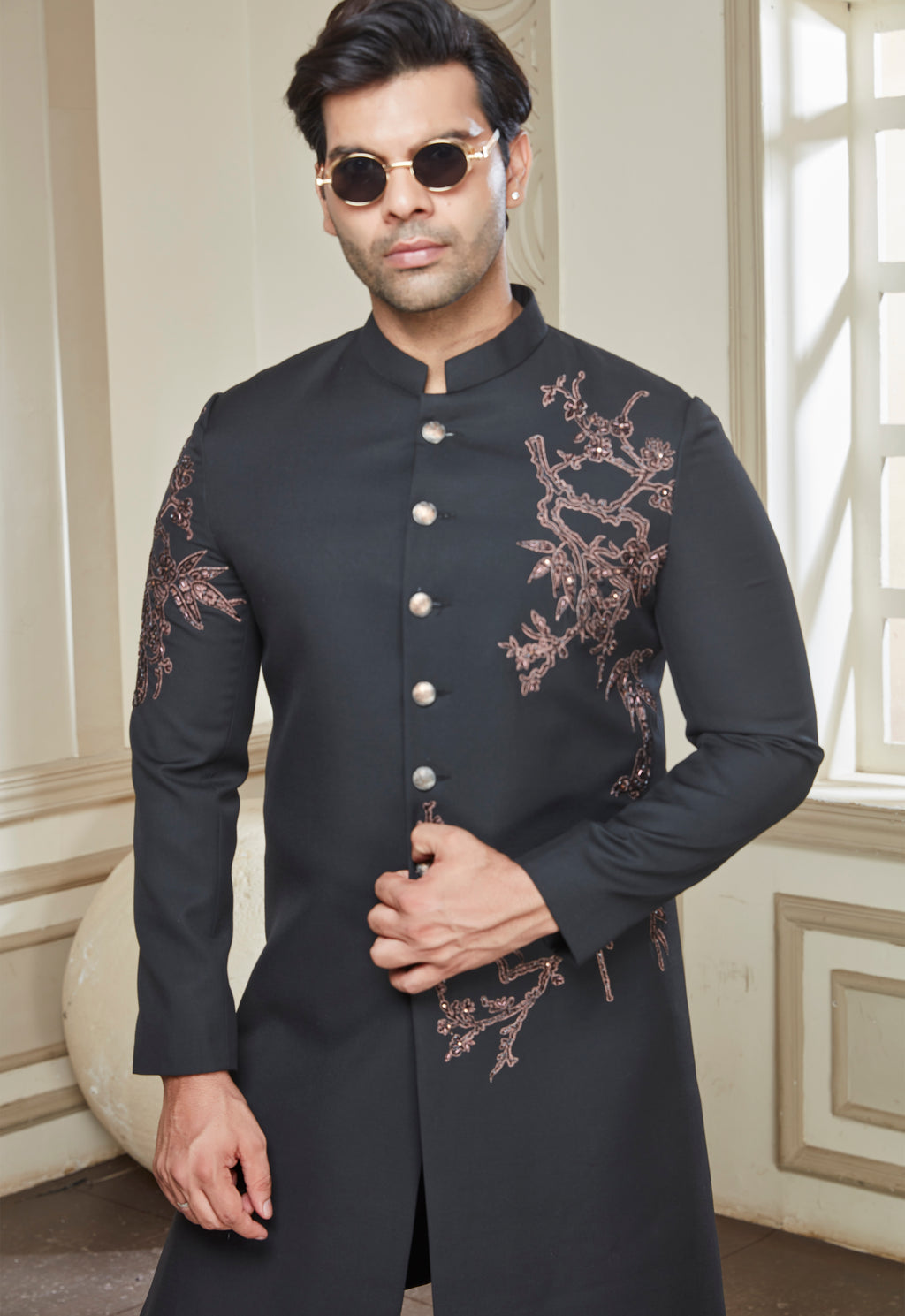 Black Polyester Embroidered Long Jodhpuri