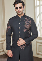 Black Polyester Embroidered Long Jodhpuri