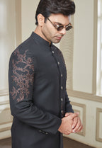 Black Polyester Embroidered Long Jodhpuri