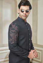 Black Polyester Embroidered Long Jodhpuri