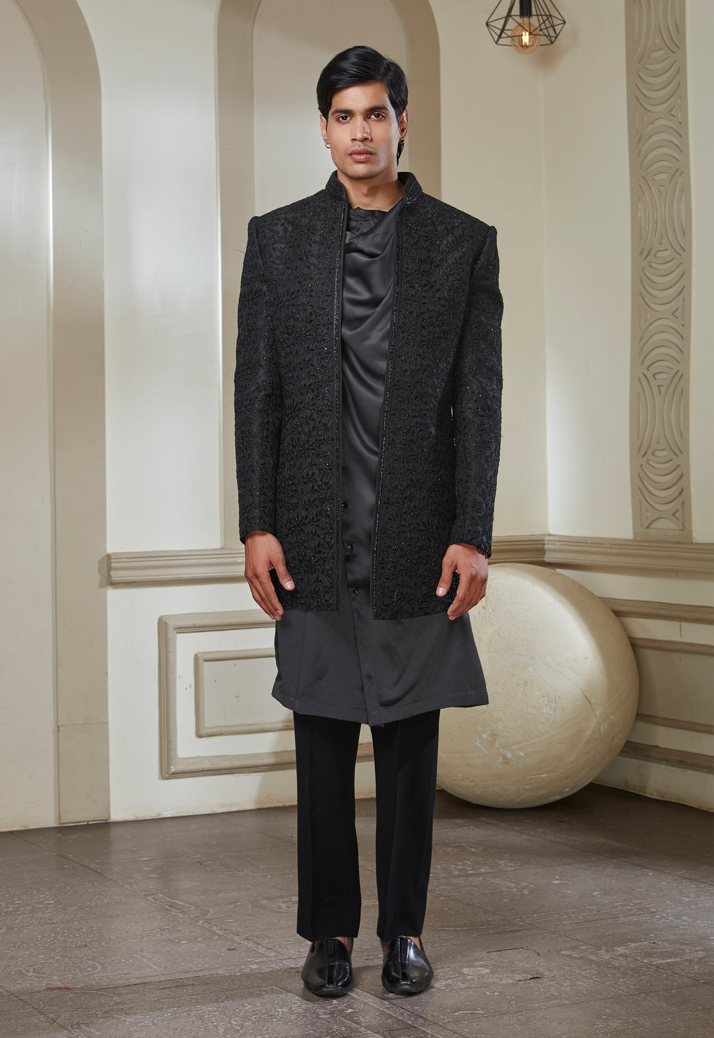 Embroidered Open Jacket With Cowl Neck Satin Kurta