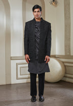 Embroidered Open Jacket With Cowl Neck Satin Kurta