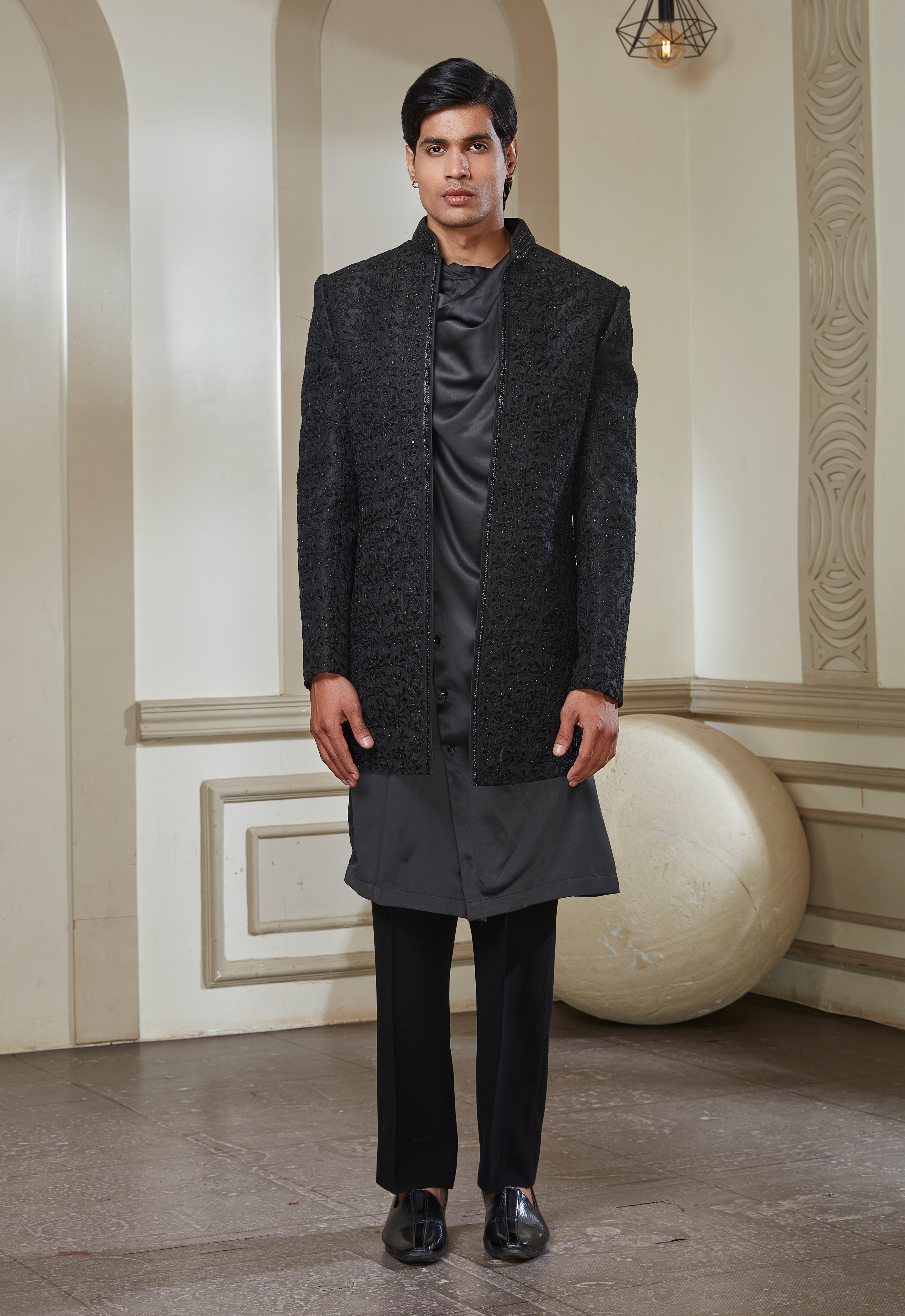 Embroidered Open Jacket With Cowl Neck Satin Kurta