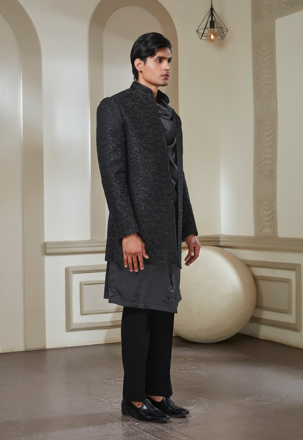 Embroidered Open Jacket With Cowl Neck Satin Kurta