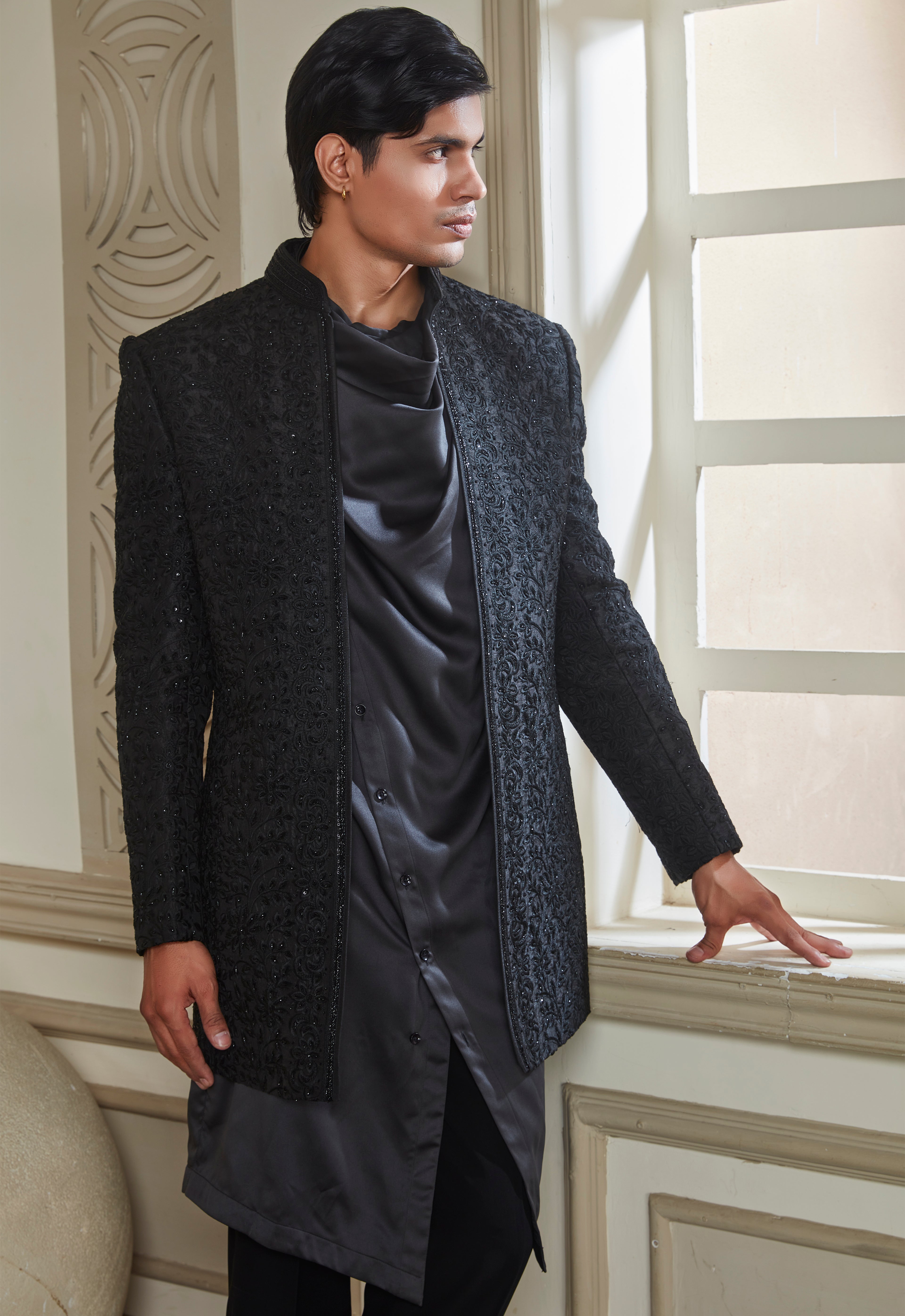 Embroidered Open Jacket With Cowl Neck Satin Kurta