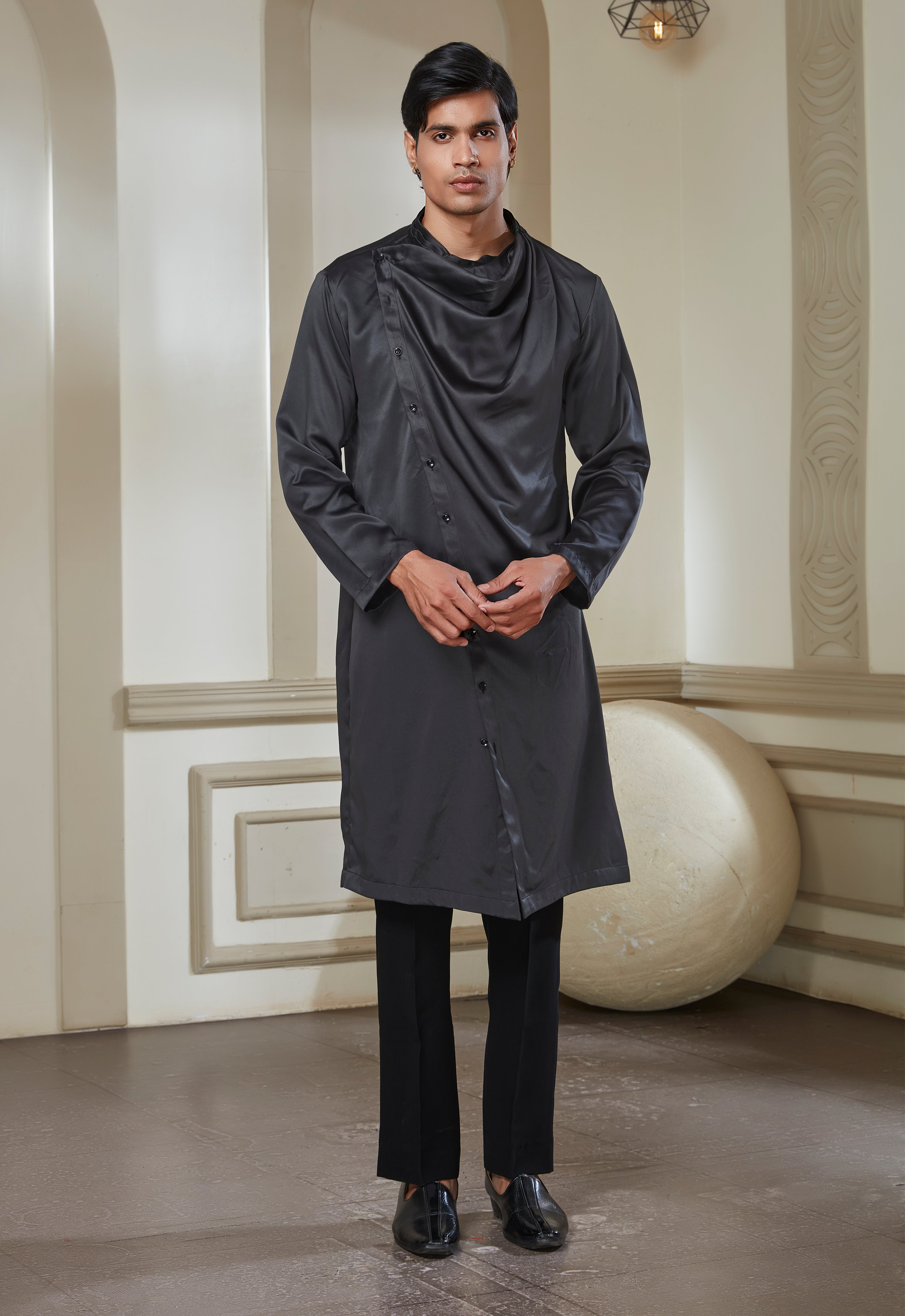 Embroidered Open Jacket With Cowl Neck Satin Kurta