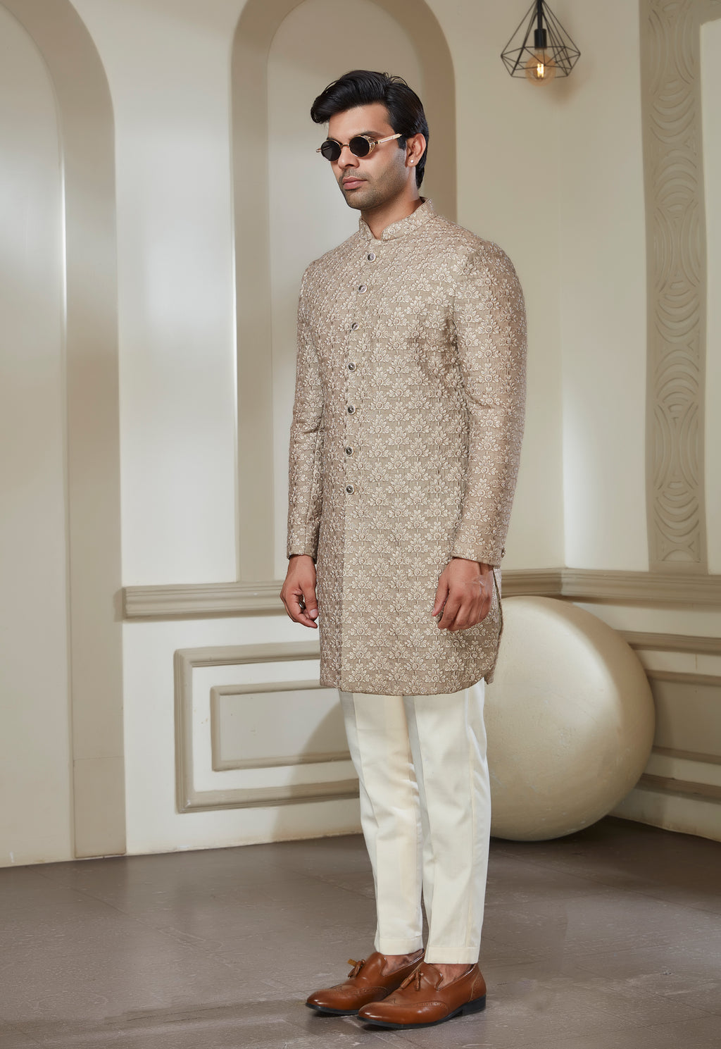 Beige Silk Embroidered Indowestrn Set