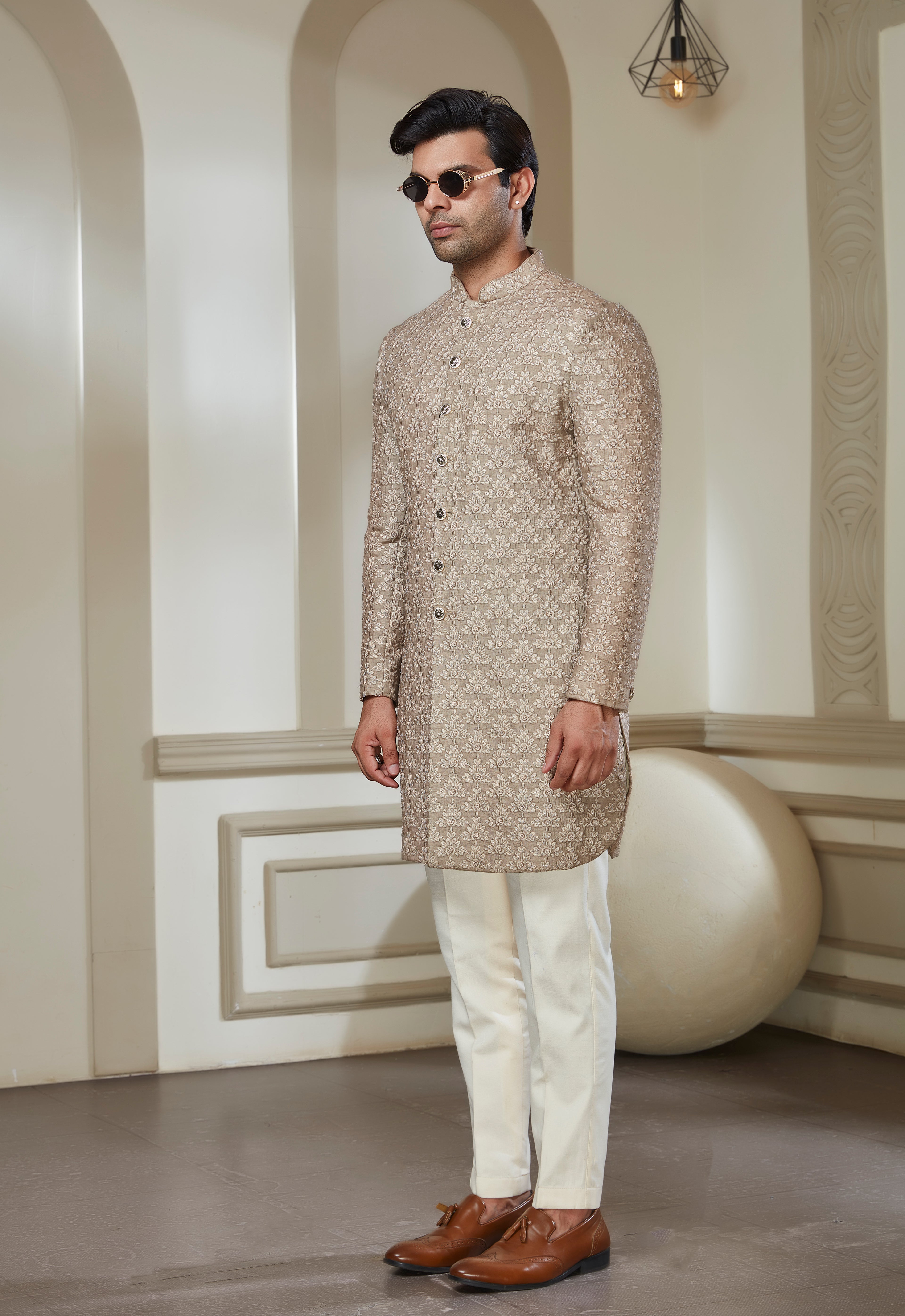 Beige Silk Embroidered Indowestrn Set