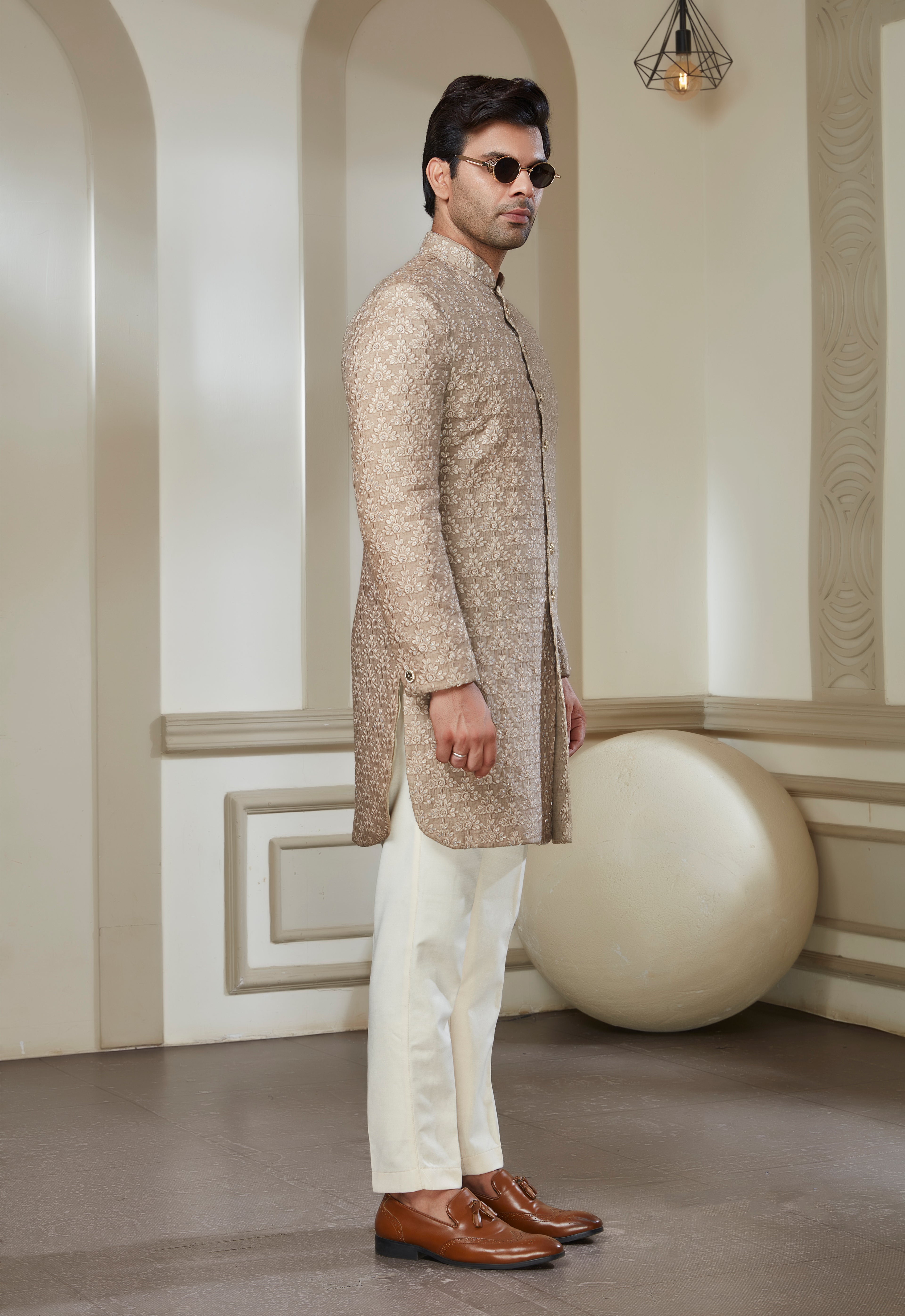 Beige Silk Embroidered Indowestrn Set