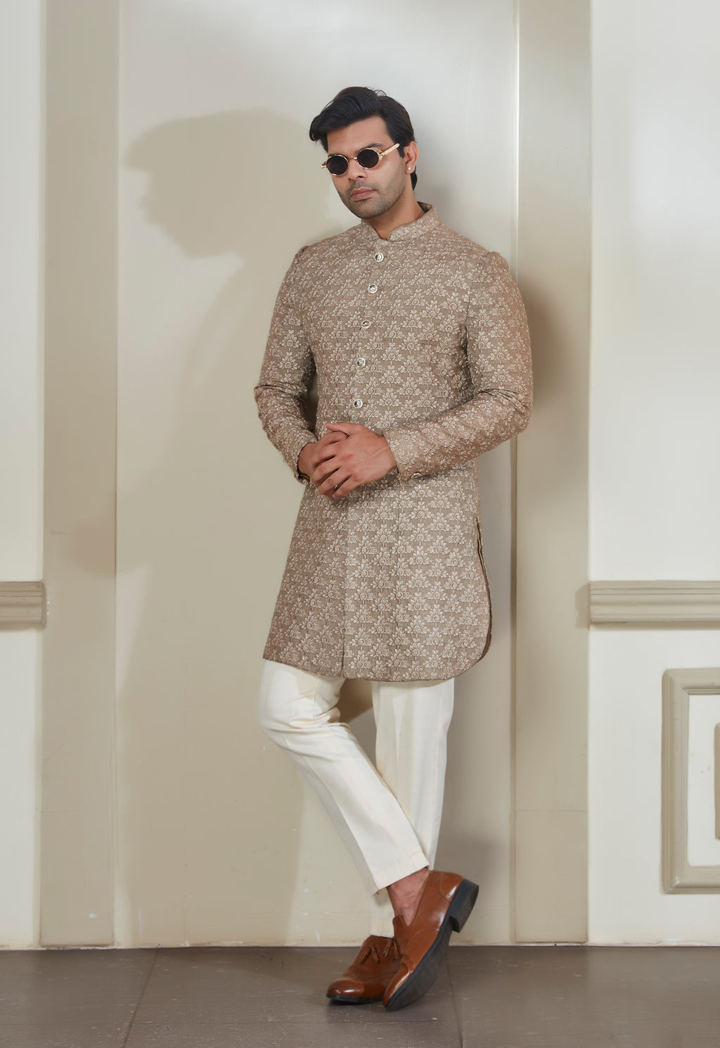 Beige Silk Embroidered Indowestrn Set