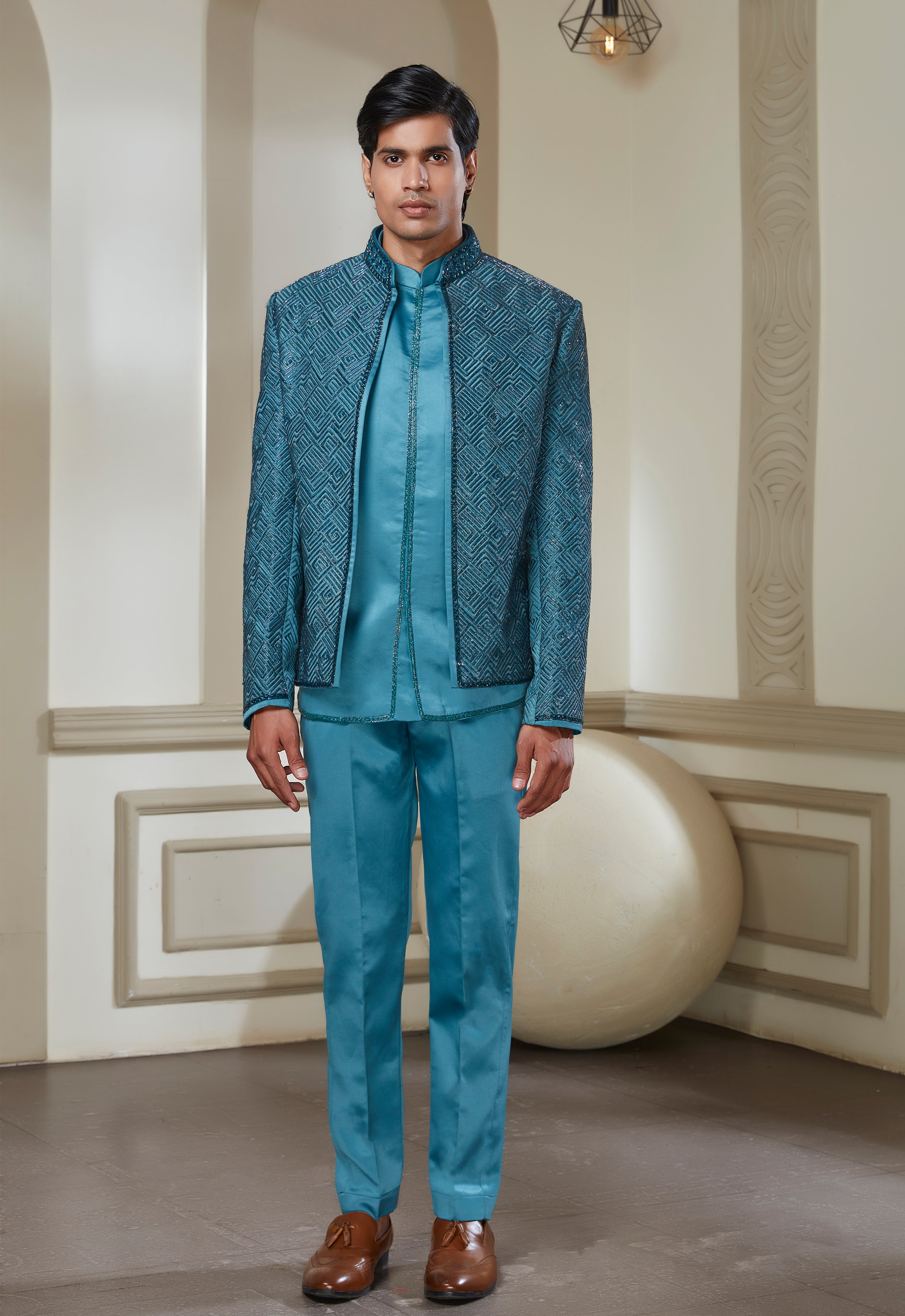 Embroidered Indowestern Set With Open Jacket And Bandi