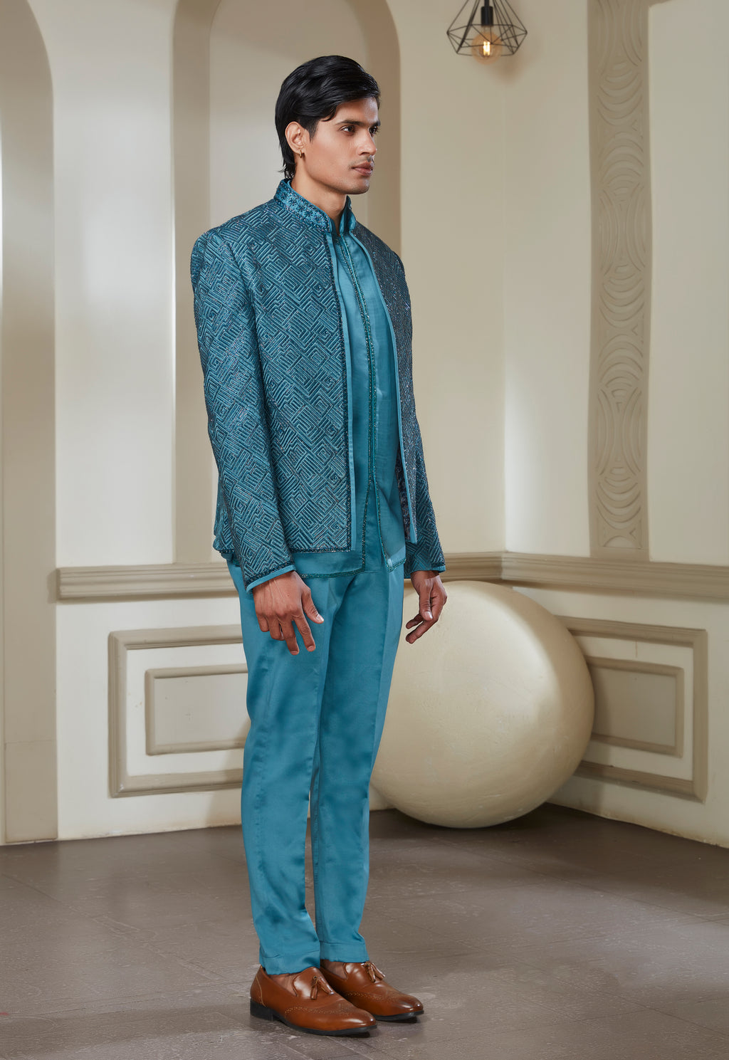 Embroidered Indowestern Set With Open Jacket And Bandi