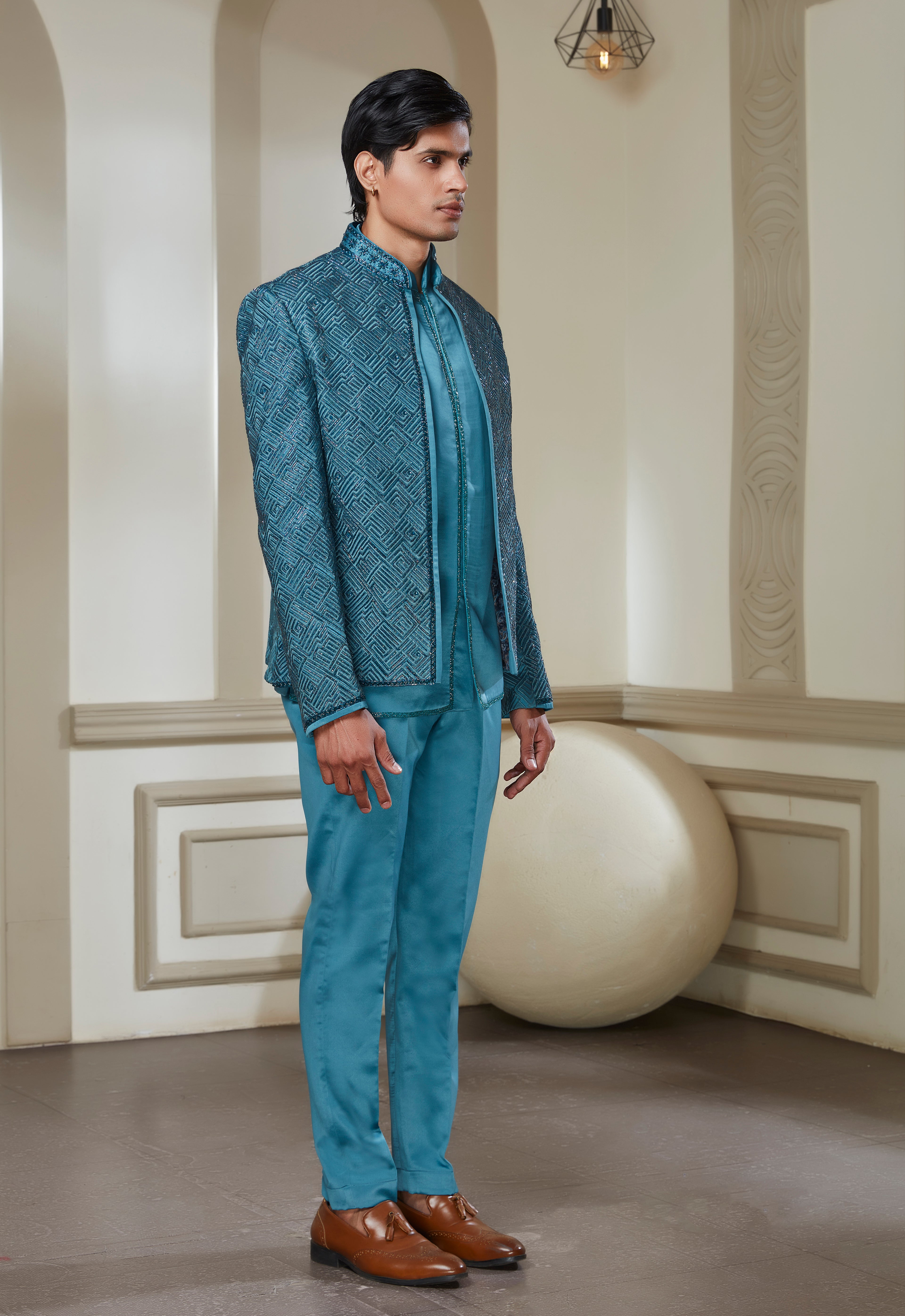 Embroidered Indowestern Set With Open Jacket And Bandi