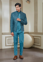 Embroidered Indowestern Set With Open Jacket And Bandi