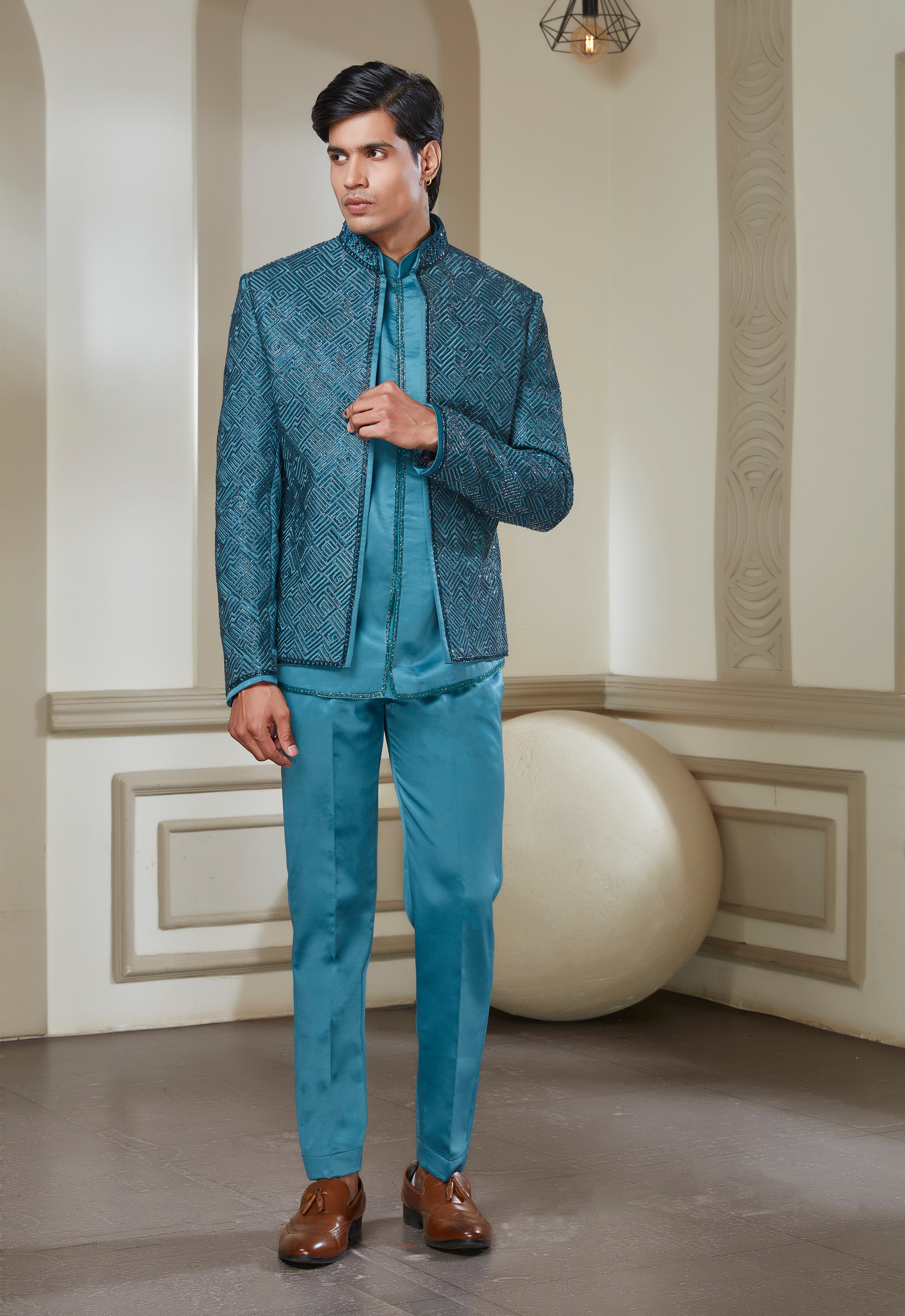 Embroidered Indowestern Set With Open Jacket And Bandi