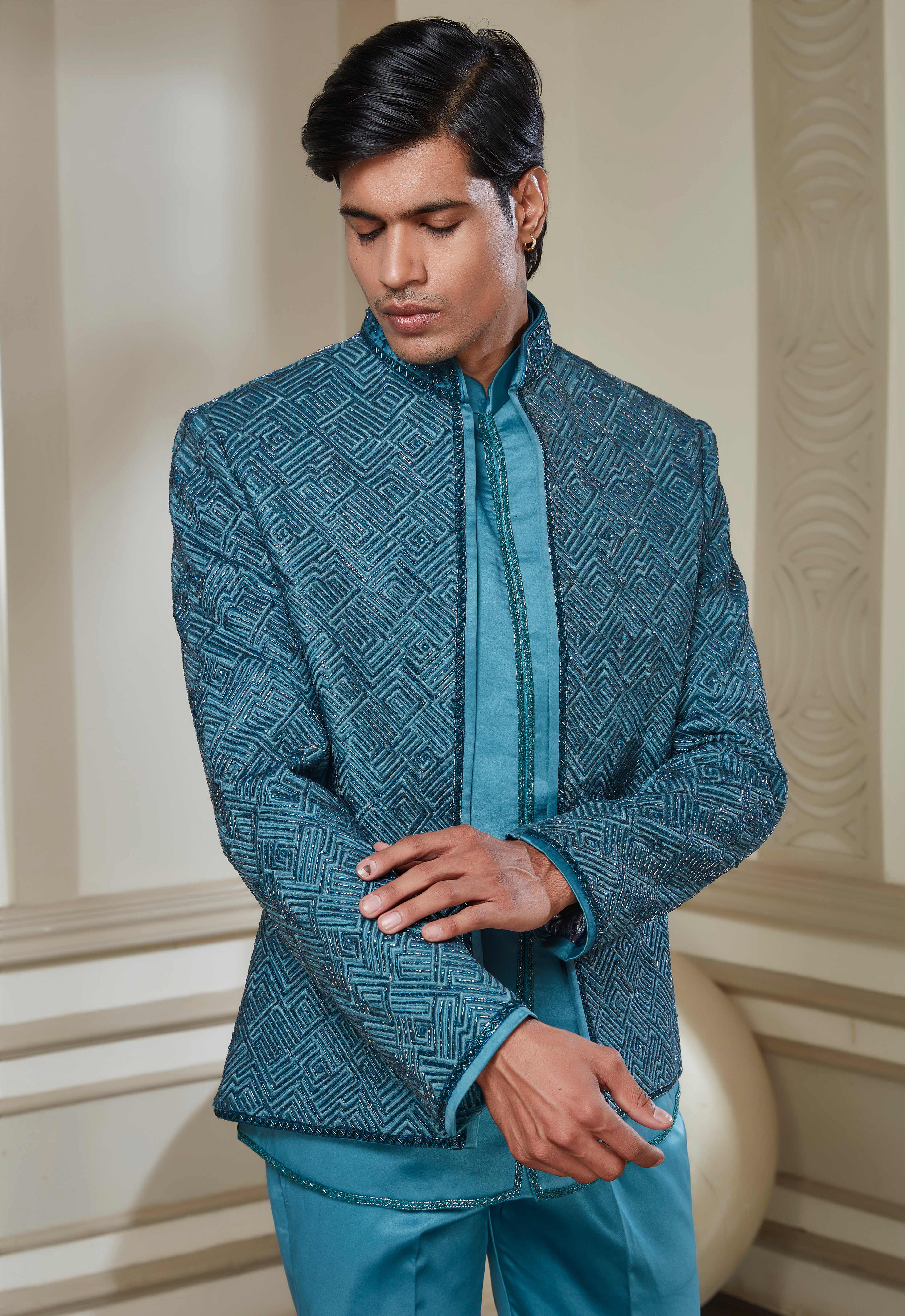 Embroidered Indowestern Set With Open Jacket And Bandi
