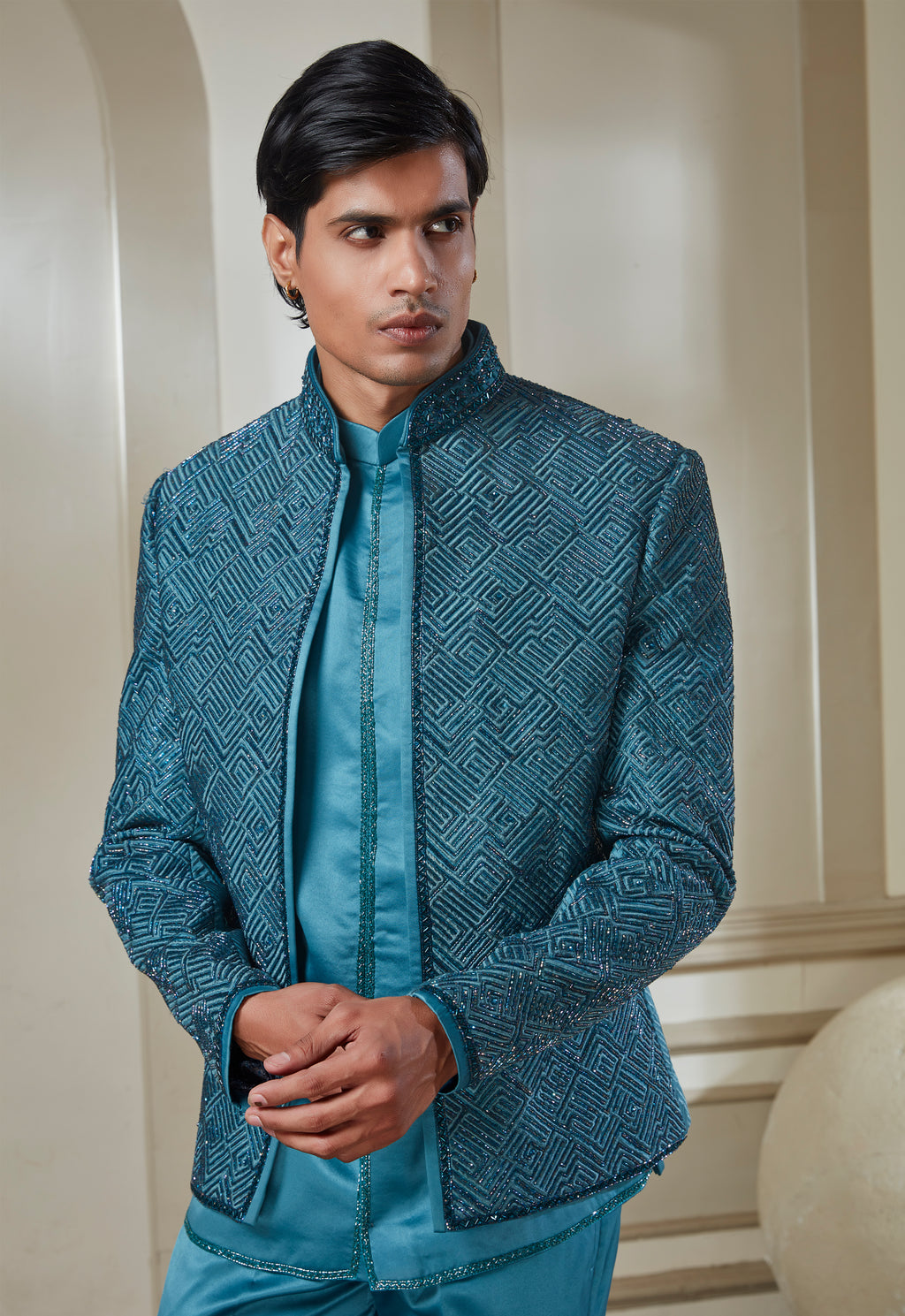 Embroidered Indowestern Set With Open Jacket And Bandi