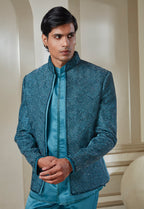 Embroidered Indowestern Set With Open Jacket And Bandi