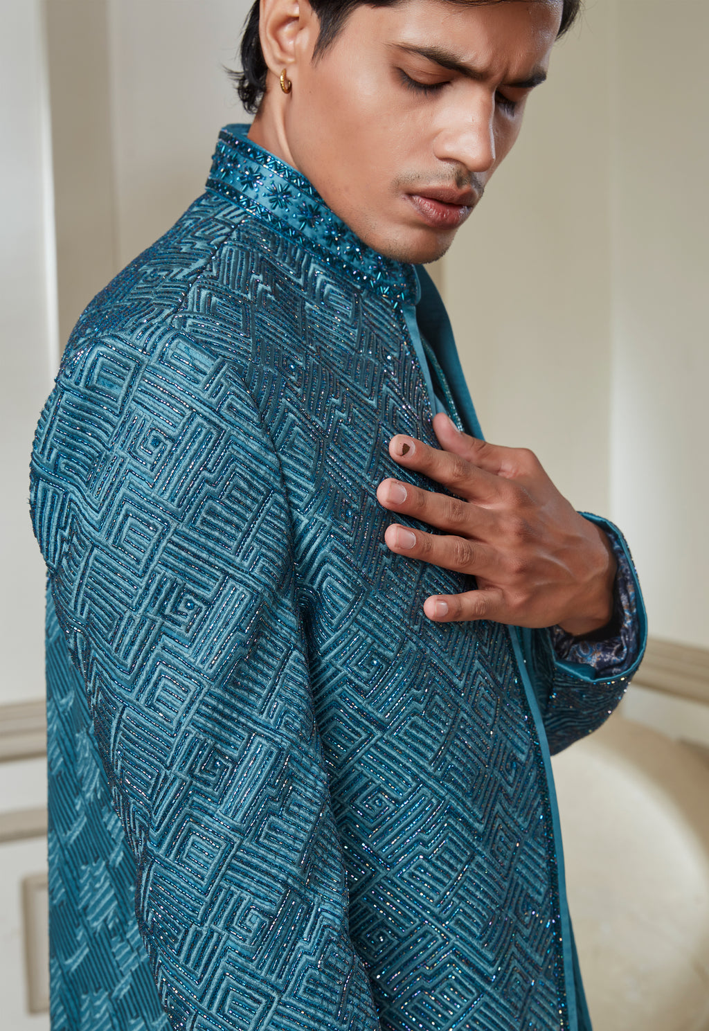 Embroidered Indowestern Set With Open Jacket And Bandi