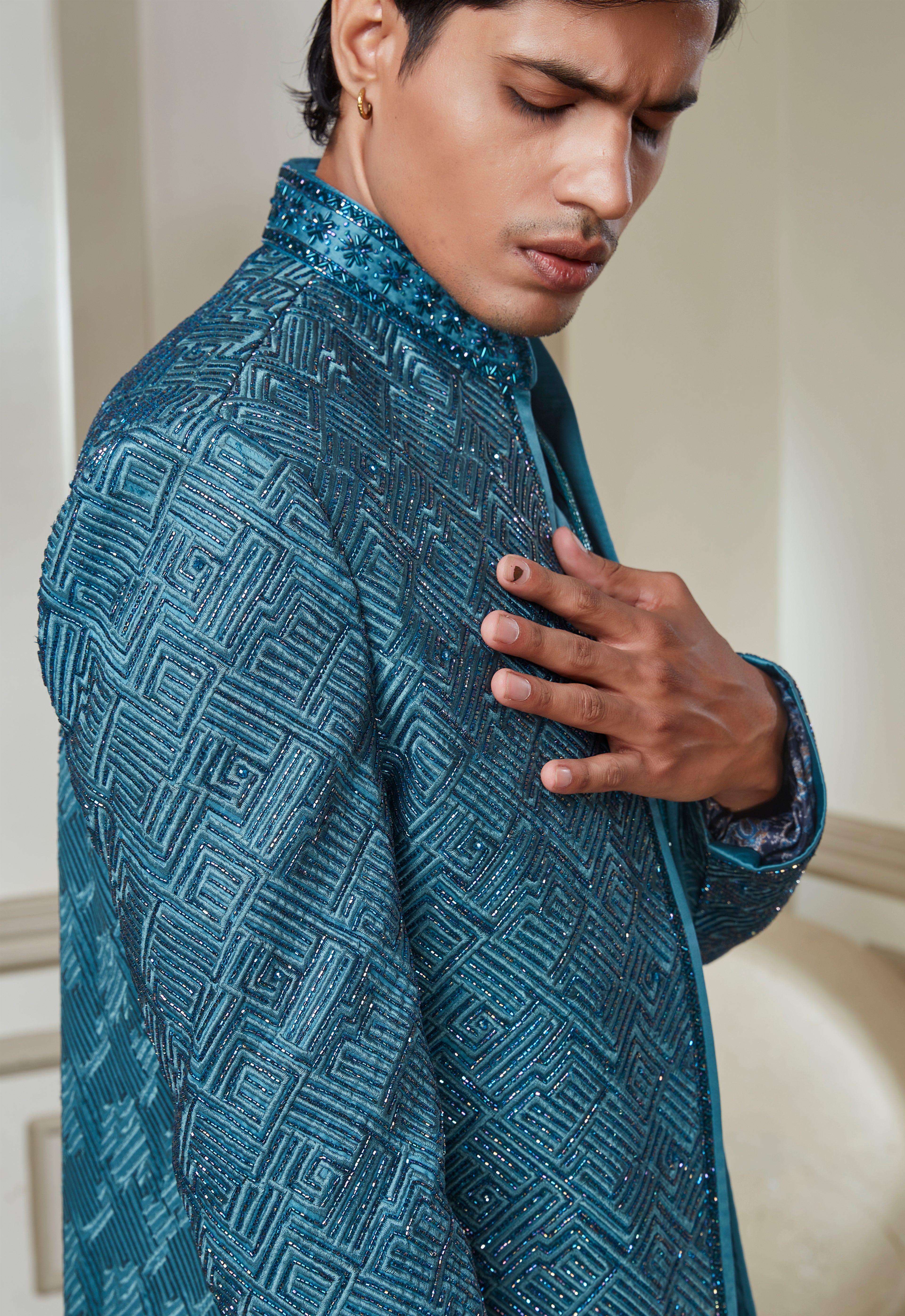 Embroidered Indowestern Set With Open Jacket And Bandi