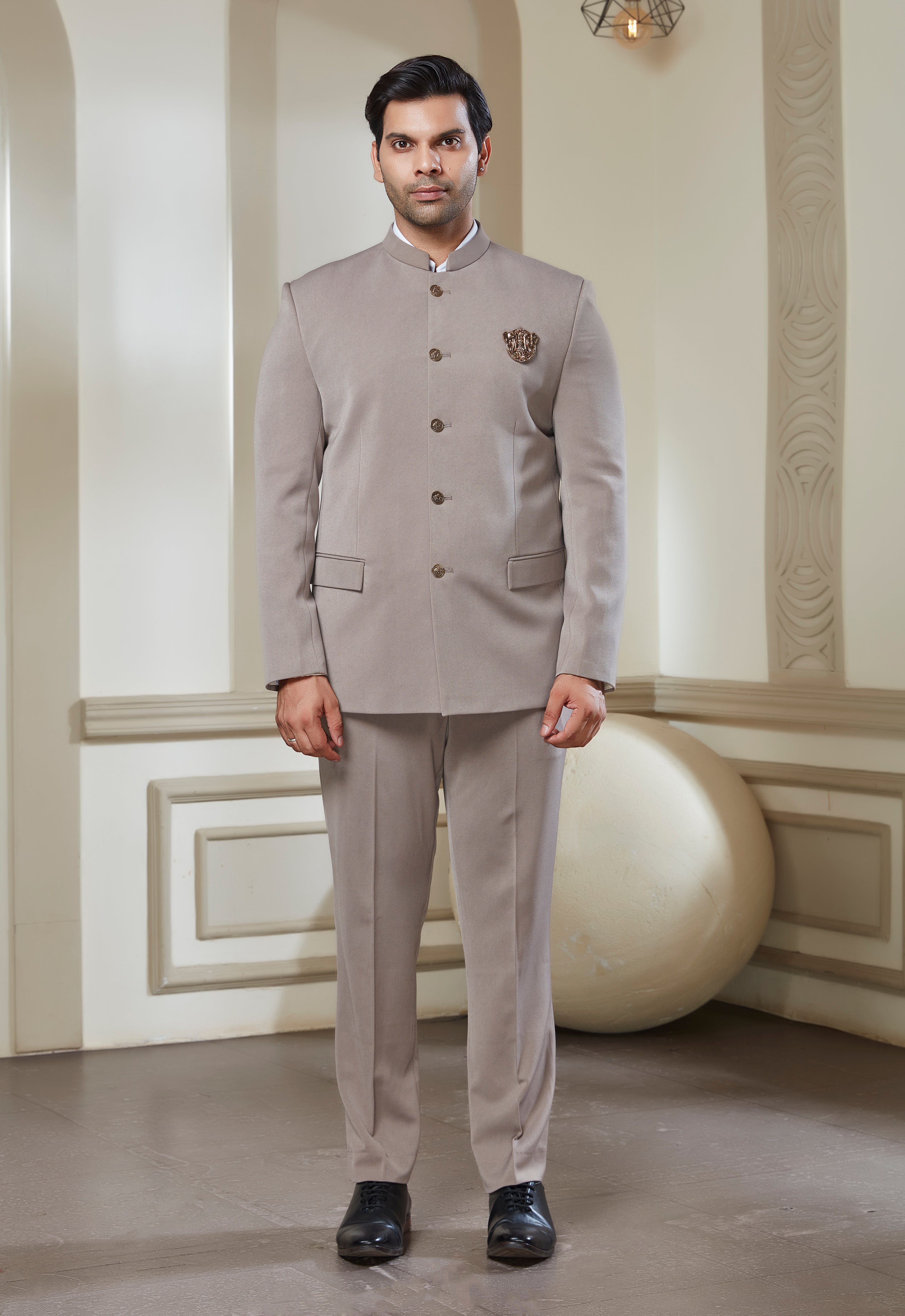 Sand Grey Jodhpuri Set With Brooch And Buttons