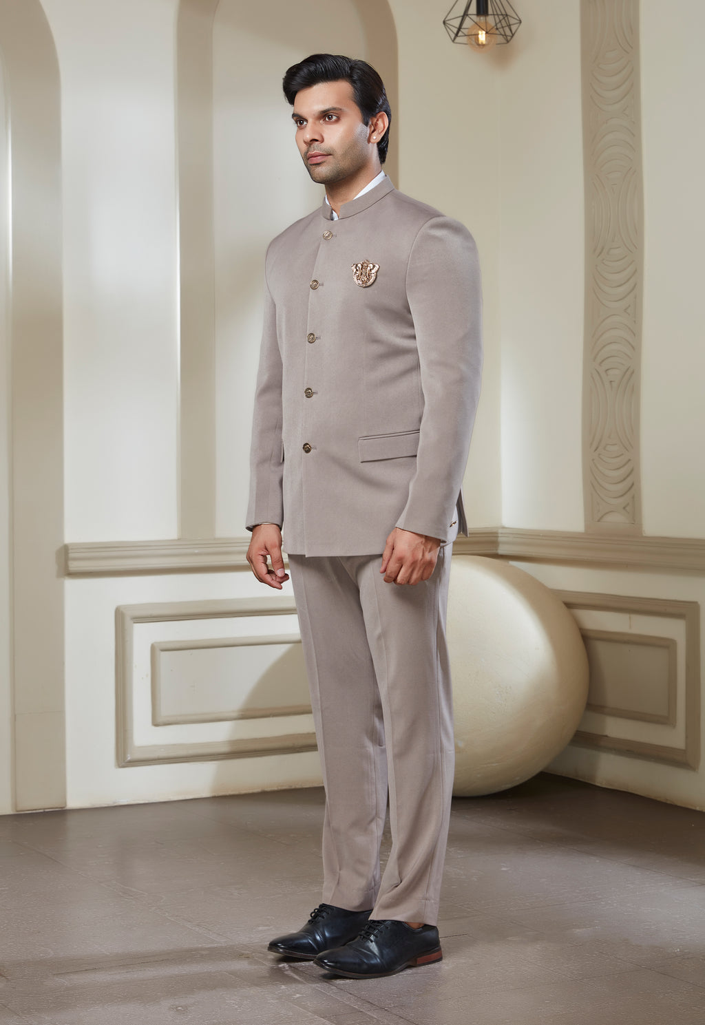 Sand Grey Jodhpuri Set With Brooch And Buttons