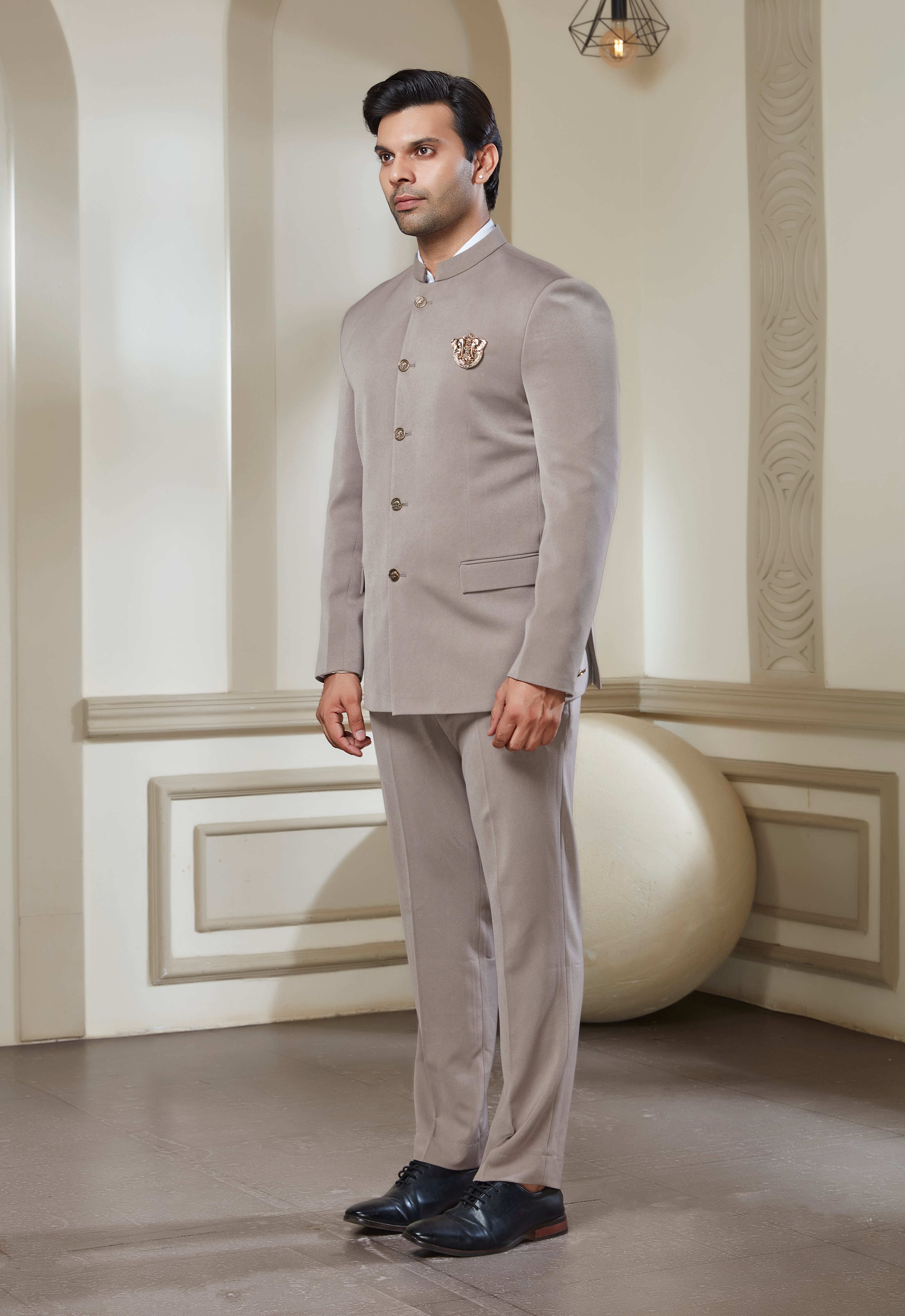 Sand Grey Jodhpuri Set With Brooch And Buttons