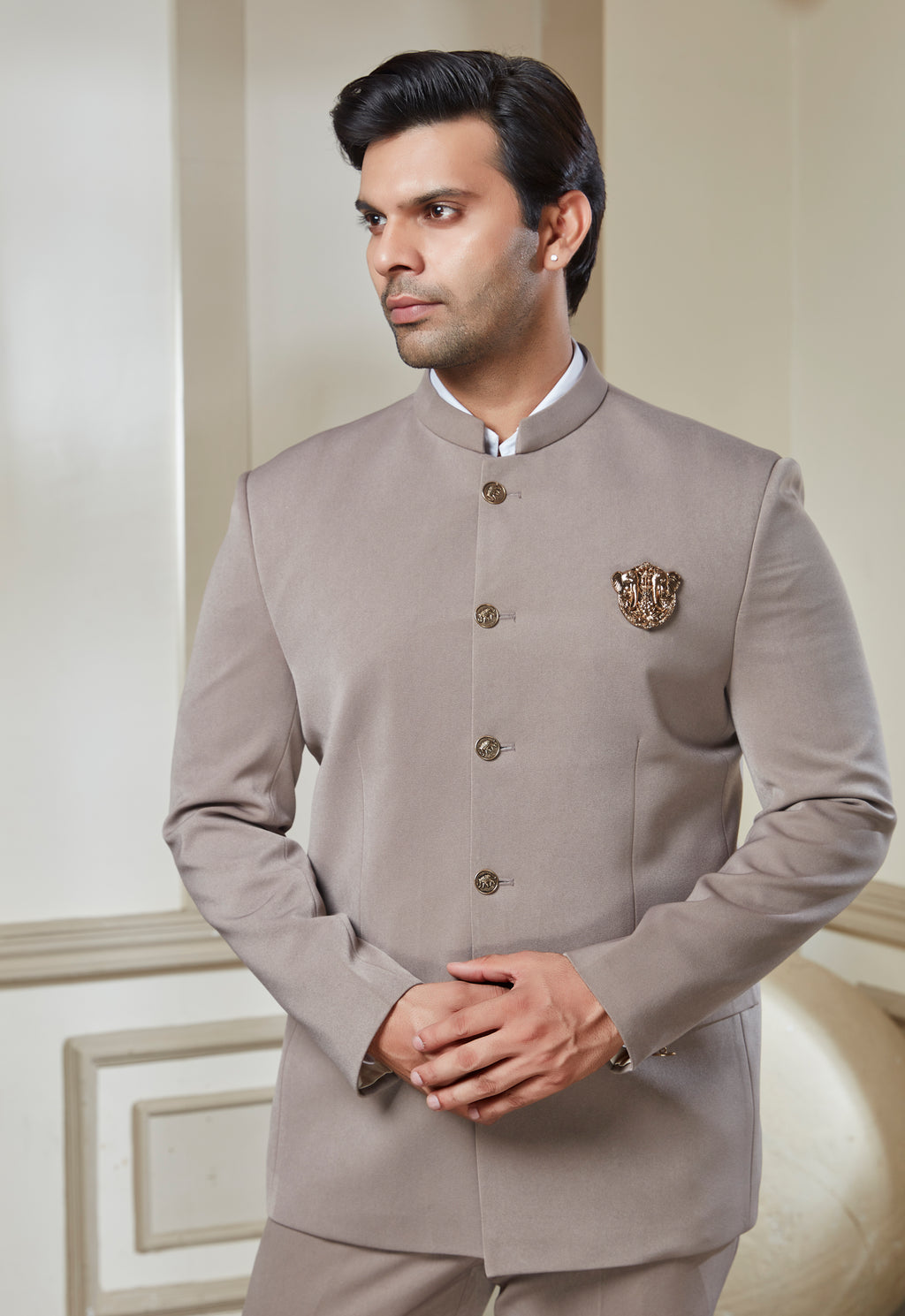 Sand Grey Jodhpuri Set With Brooch And Buttons