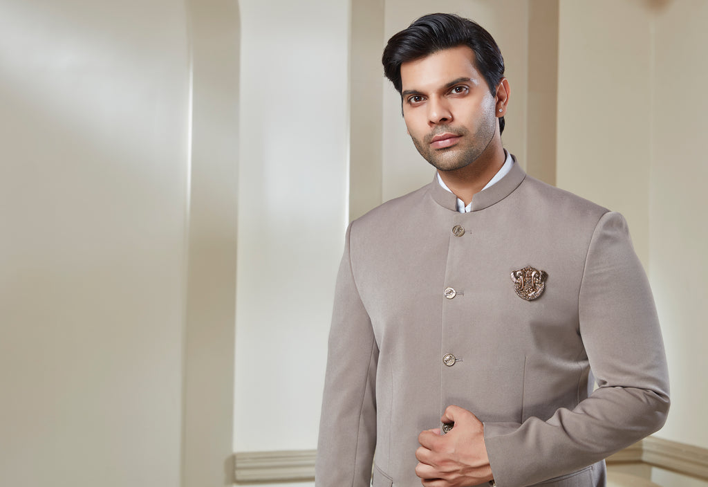 Sand Grey Jodhpuri Set With Brooch And Buttons