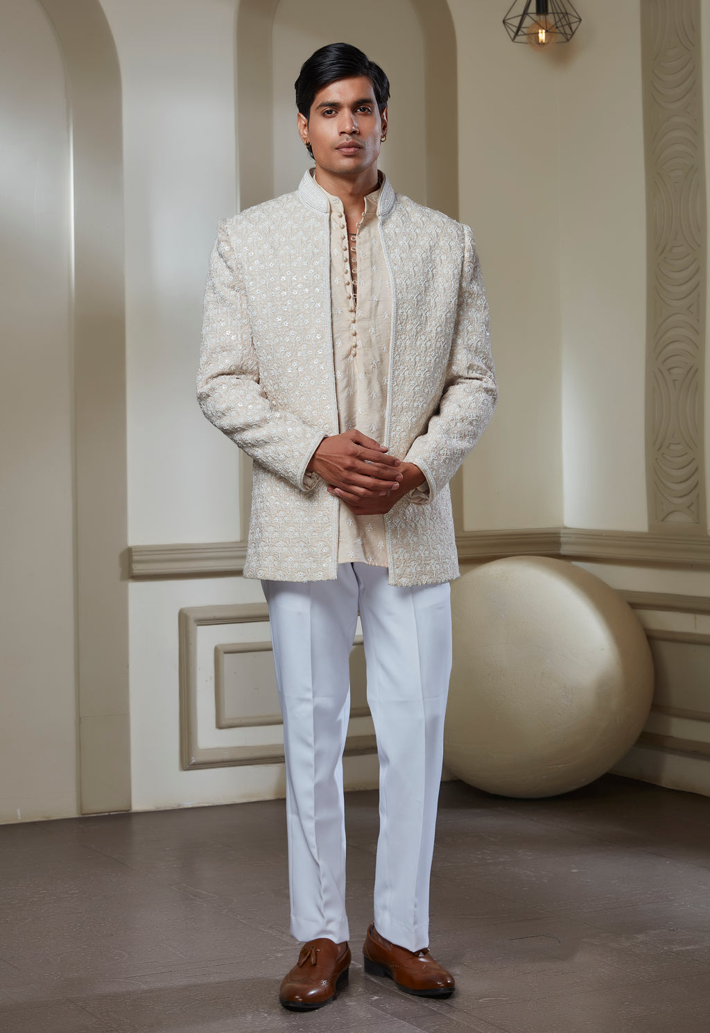 Pink Embroidered Silk Indowestern Set