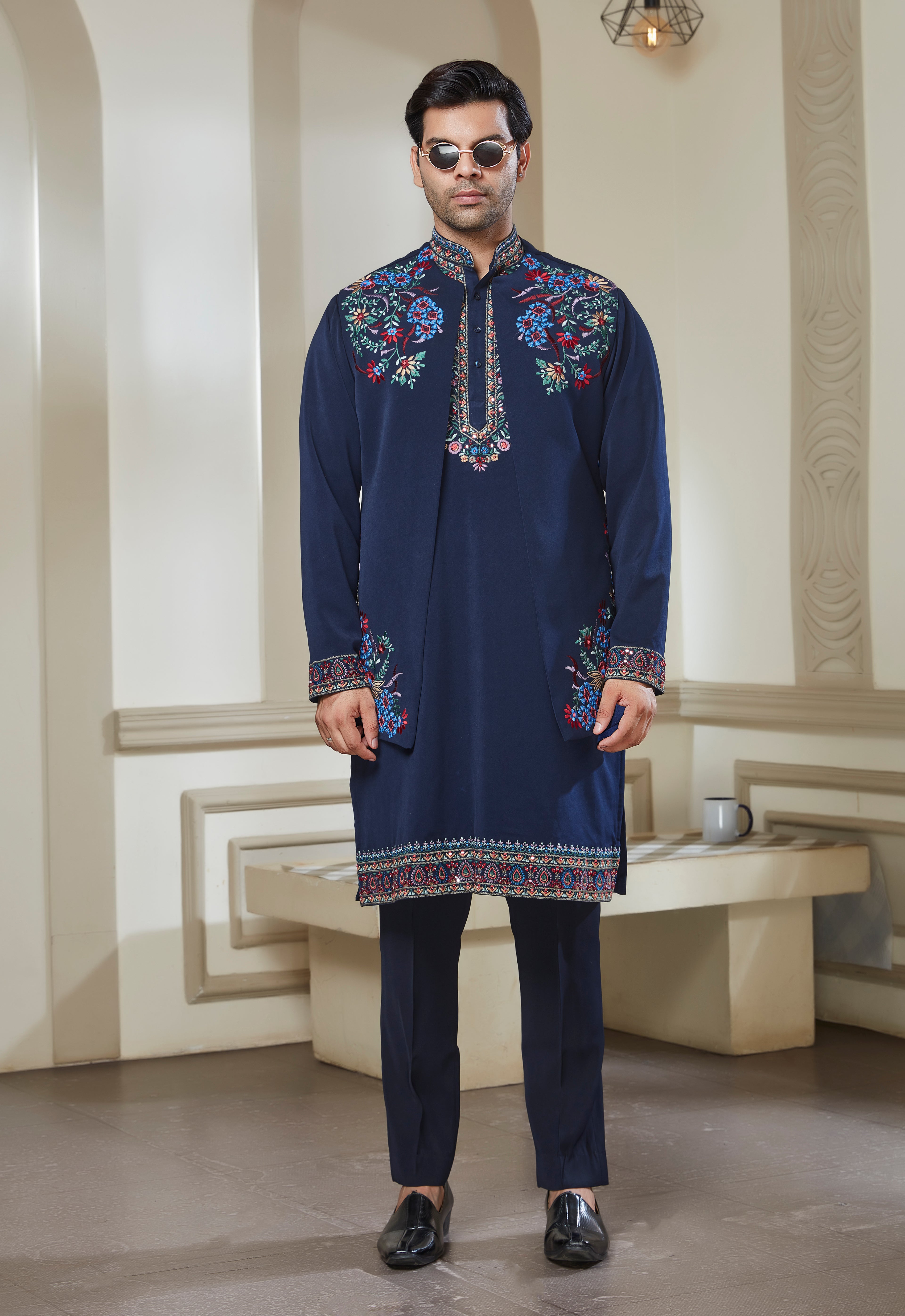 Blue Polyester Embroidered Bandi Kurta Set